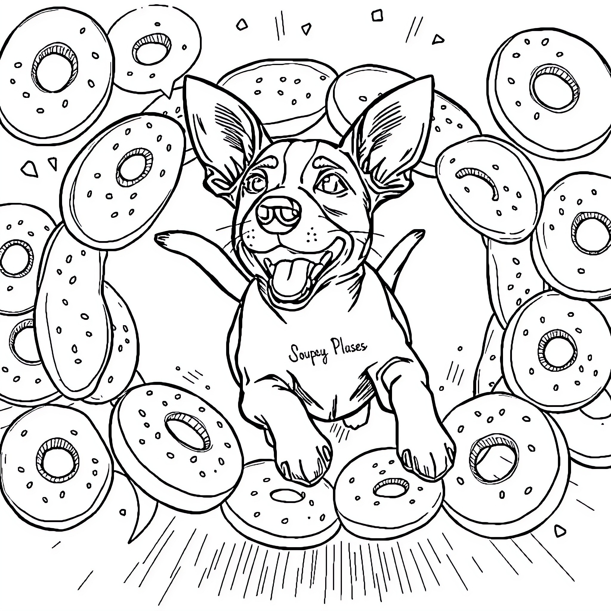 Jack Russel Dog Surrounded by Doughnuts Coloring Page (free black-and-white line drawing printable PDF for all, from beginners to advanced learners, including children, teens, adults, and seniors)