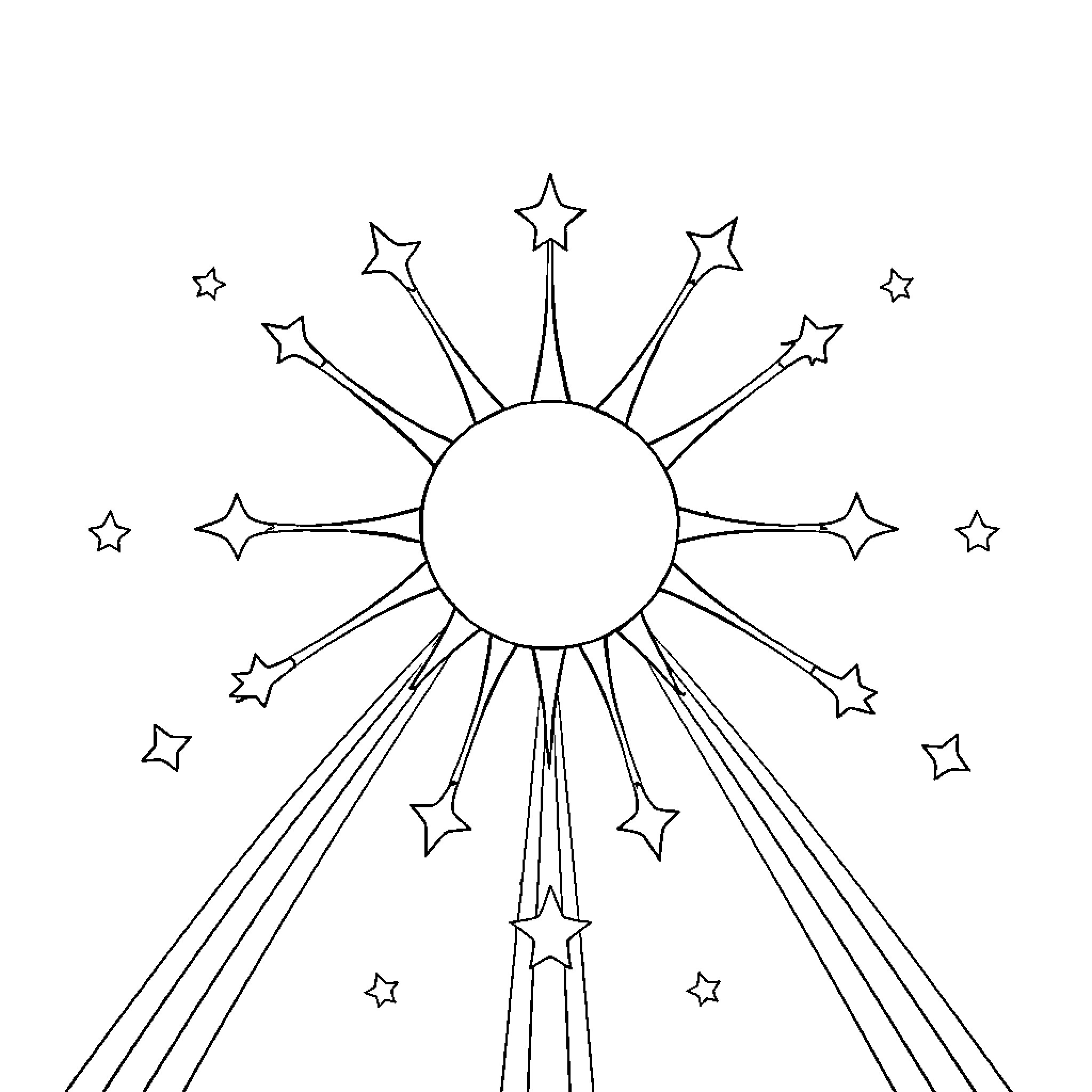 Star-filled sky with radiant sun and sparkling stars Coloring Page (free black-and-white line drawing printable PDF for all, from beginners to advanced learners, including children, teens, adults, and seniors)