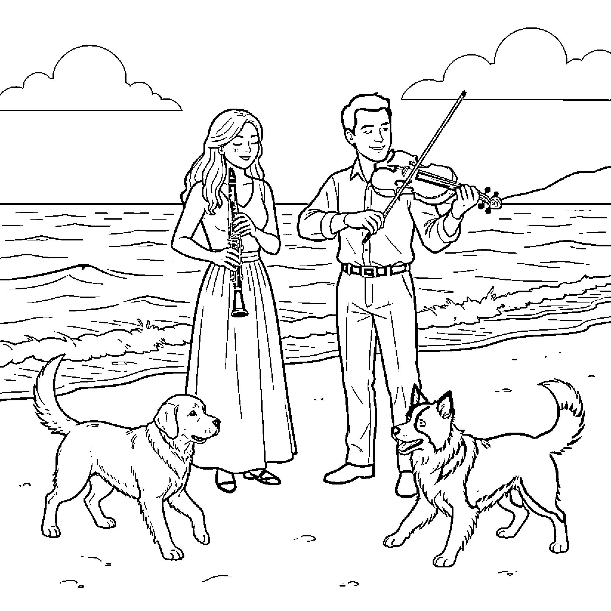Musician couple playing instruments on the beach Coloring Page (free black-and-white line drawing printable PDF for all, from beginners to advanced learners, including children, teens, adults, and seniors)