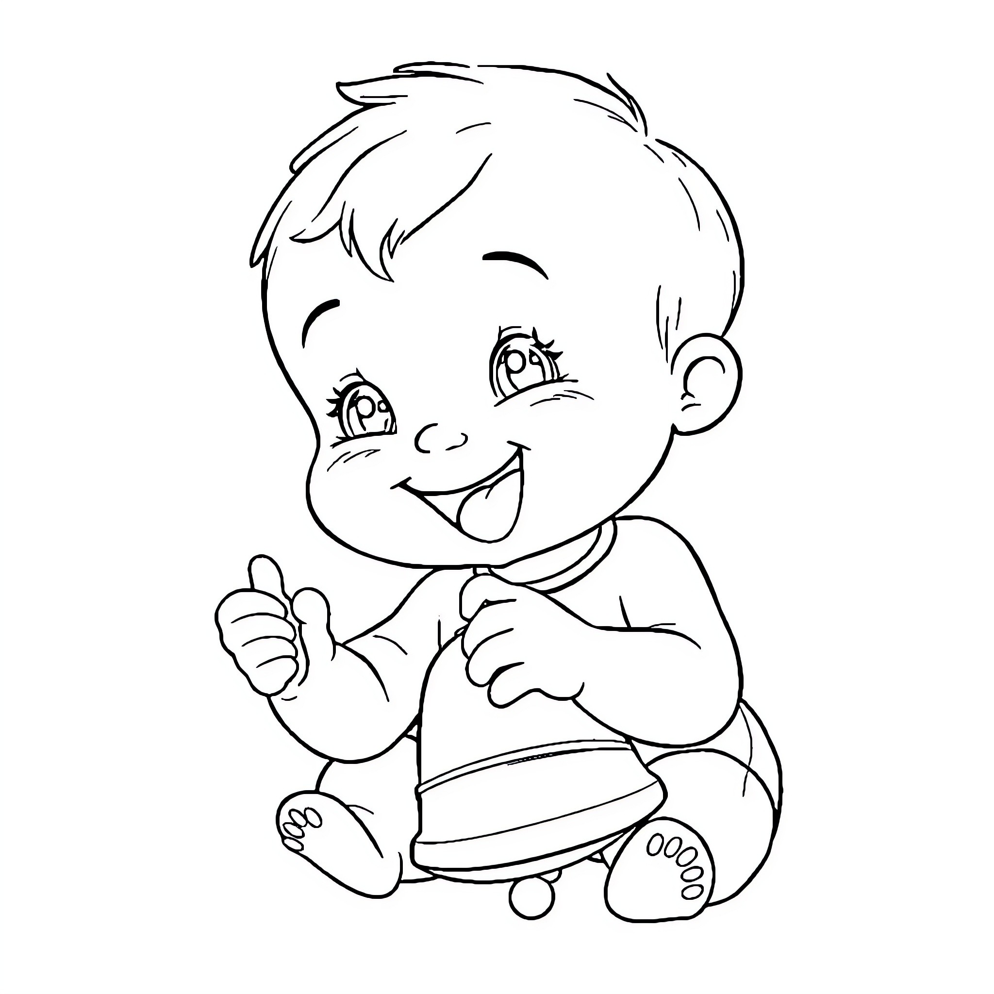 Plin Happy Baby with Thumbs Up Coloring Page (free black-and-white line drawing printable PDF for all, from beginners to advanced learners, including children, teens, adults, and seniors)