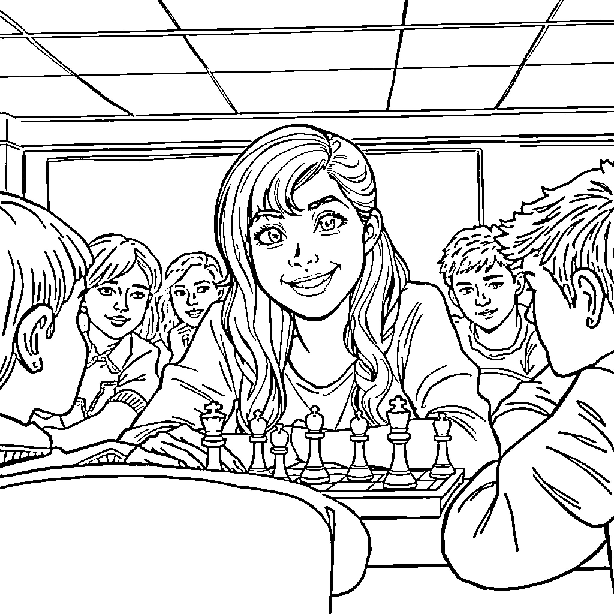 Cougar teaching chess to her students Coloring Page (free black-and-white line drawing printable PDF for all, from beginners to advanced learners, including children, teens, adults, and seniors)