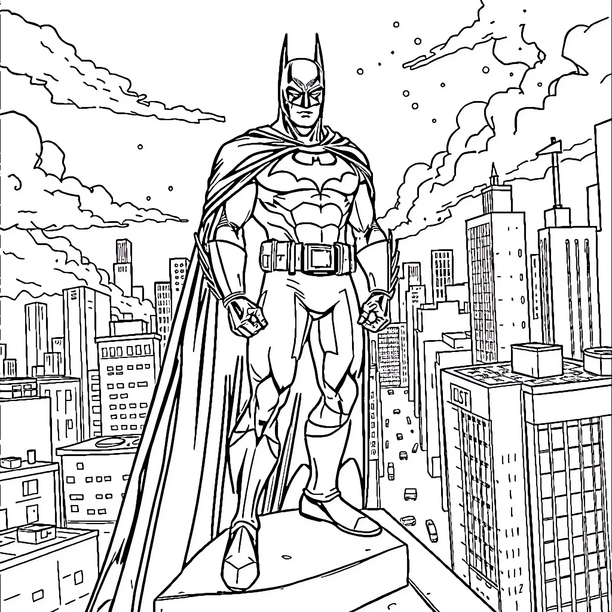 Batman standing tall and vigilant over the city Coloring Page (free black-and-white line drawing printable PDF for all, from beginners to advanced learners, including children, teens, adults, and seniors)