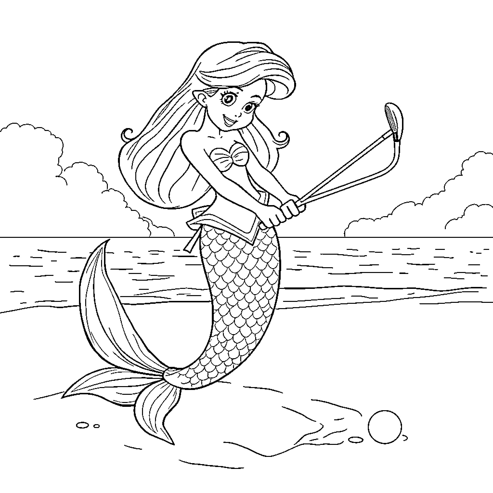 Mermaid swimming gracefully in the ocean Coloring Page (free black-and-white line drawing printable PDF for all, from beginners to advanced learners, including children, teens, adults, and seniors)