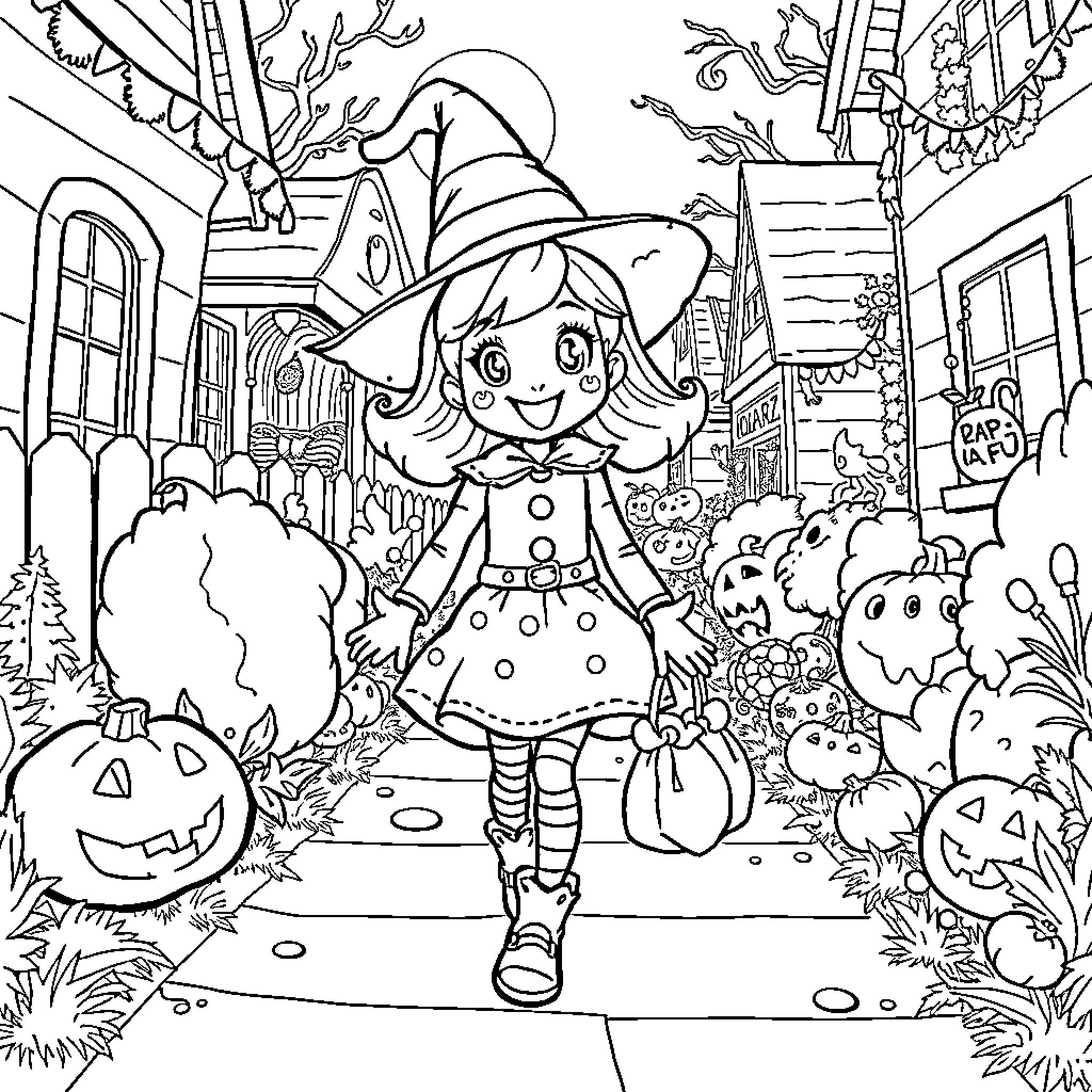 Bluey's Halloween Adventure in a Spooky Town Coloring Page (free black-and-white line drawing printable PDF for all, from beginners to advanced learners, including children, teens, adults, and seniors)