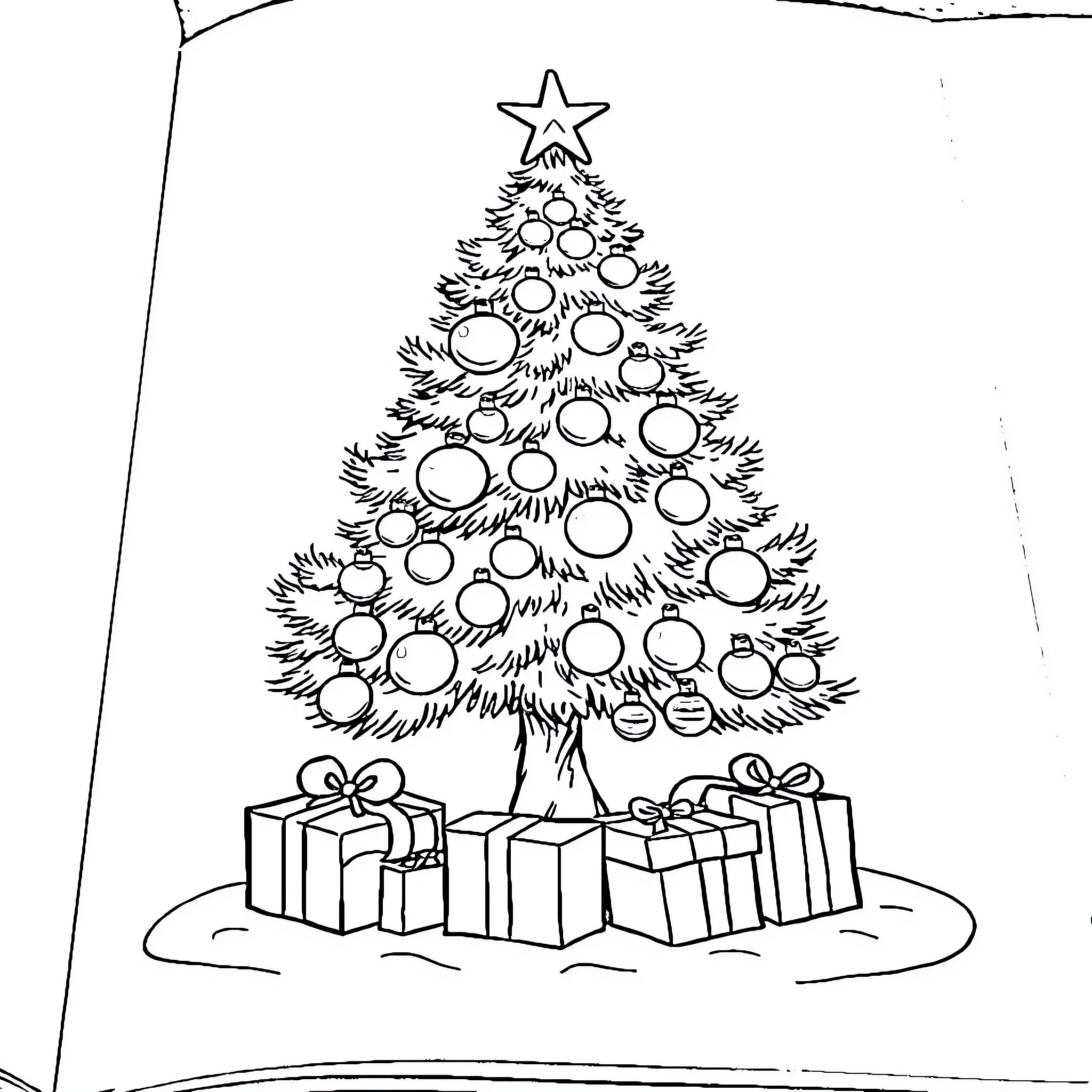 Christmas Tree with Ornaments and Presents Coloring Page (free black-and-white line drawing printable PDF for all, from beginners to advanced learners, including children, teens, adults, and seniors)