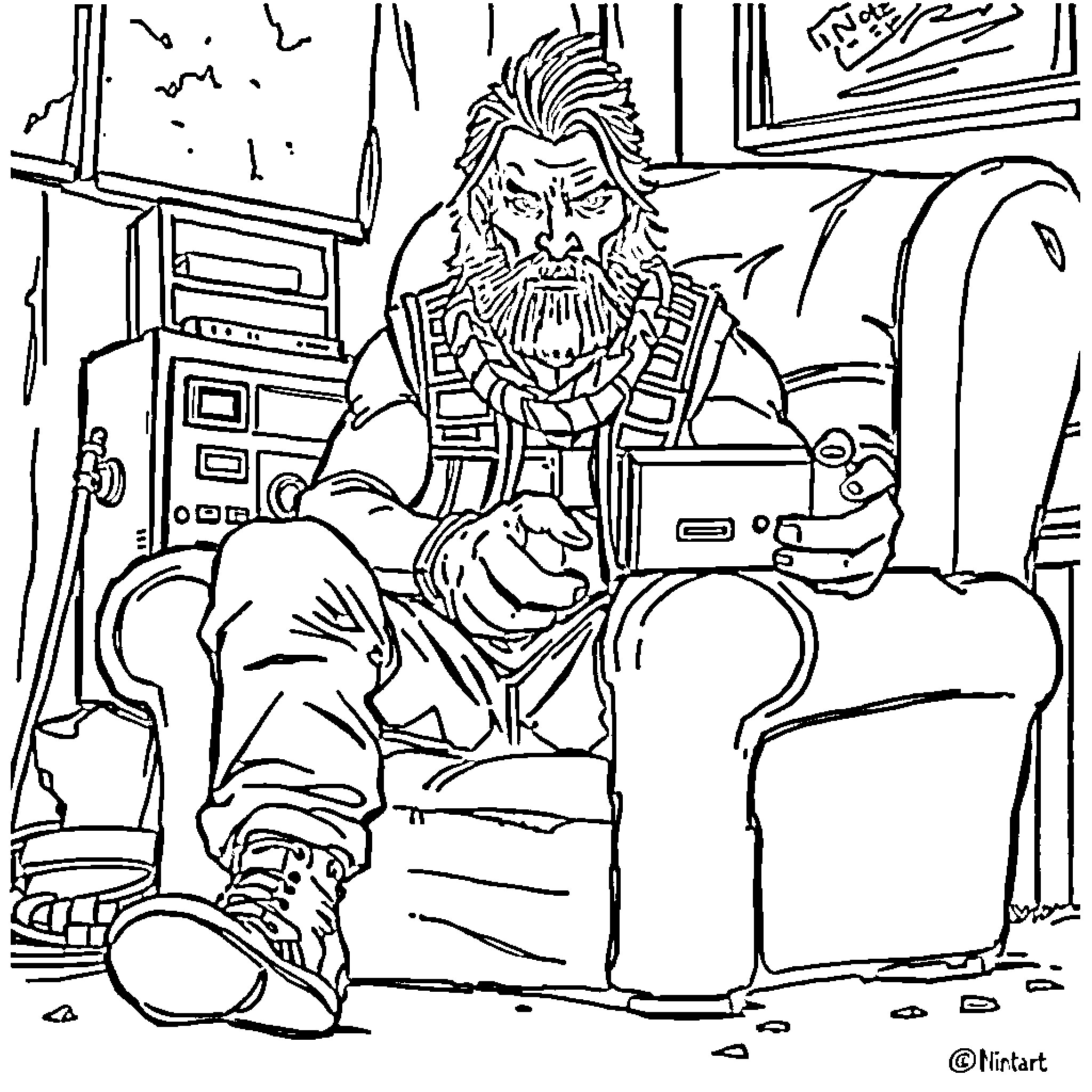 Mad Max-inspired character in a gritty, post-apocalyptic setting Coloring Page (free black-and-white line drawing printable PDF for all, from beginners to advanced learners, including children, teens, adults, and seniors)