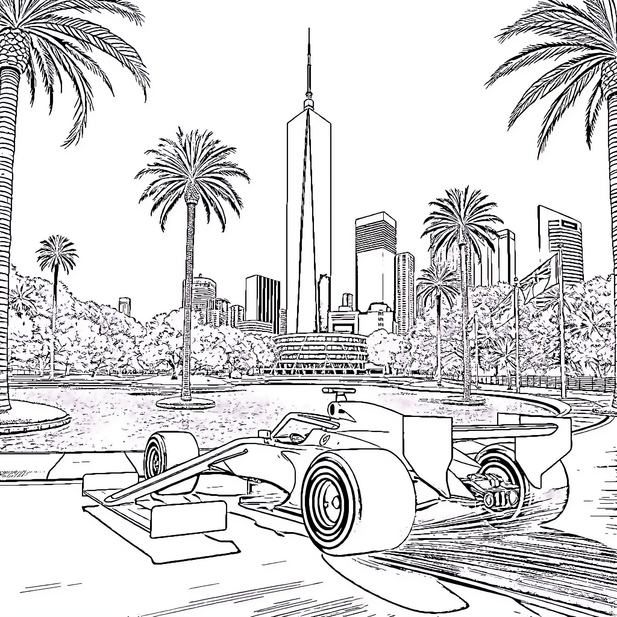 Formula 1 Race in Futuristic City Landscape Coloring Page (free black-and-white line drawing printable PDF for all, from beginners to advanced learners, including children, teens, adults, and seniors)