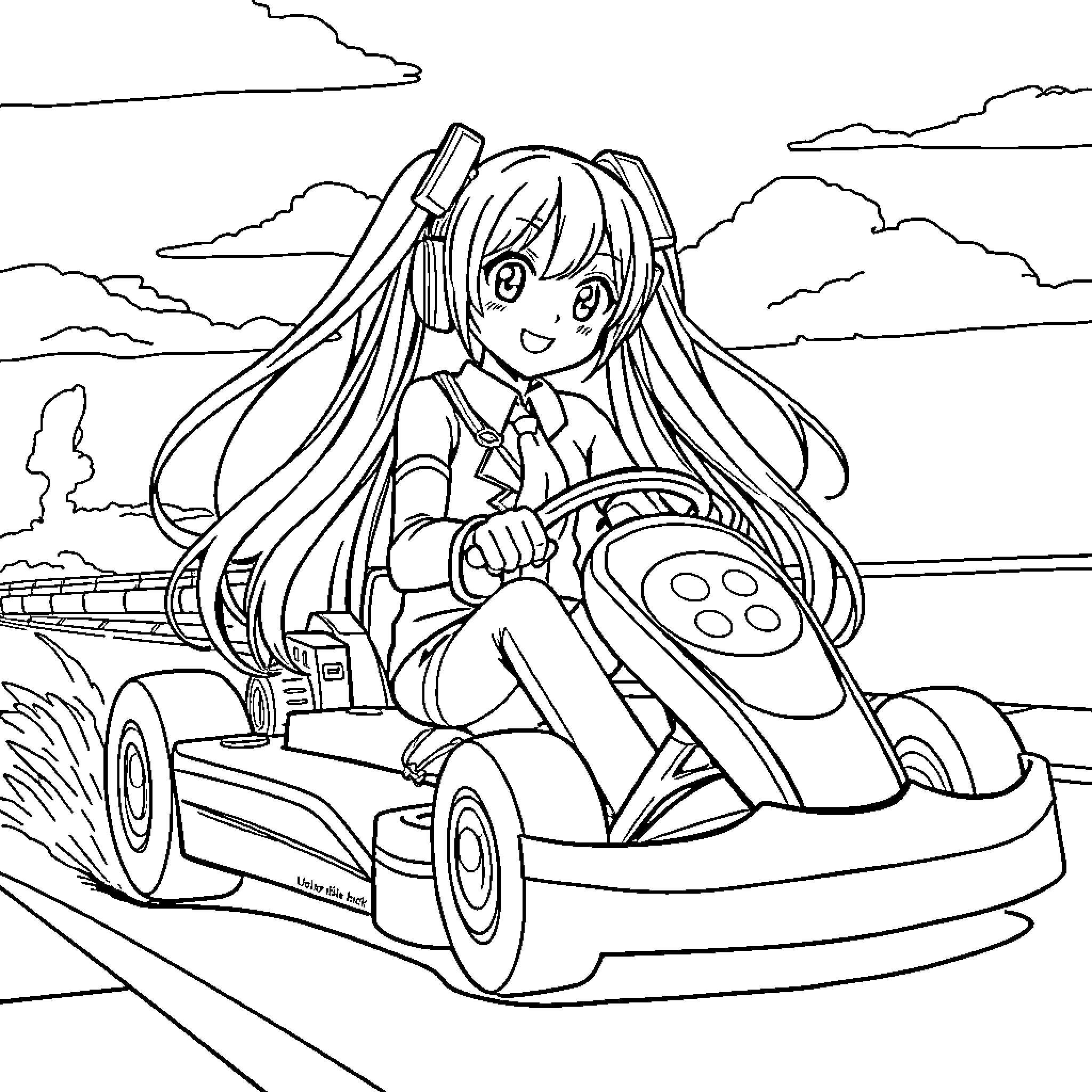 Hatsune Miku enjoying a kart ride in the countryside Coloring Page (free black-and-white line drawing printable PDF for all, from beginners to advanced learners, including children, teens, adults, and seniors)