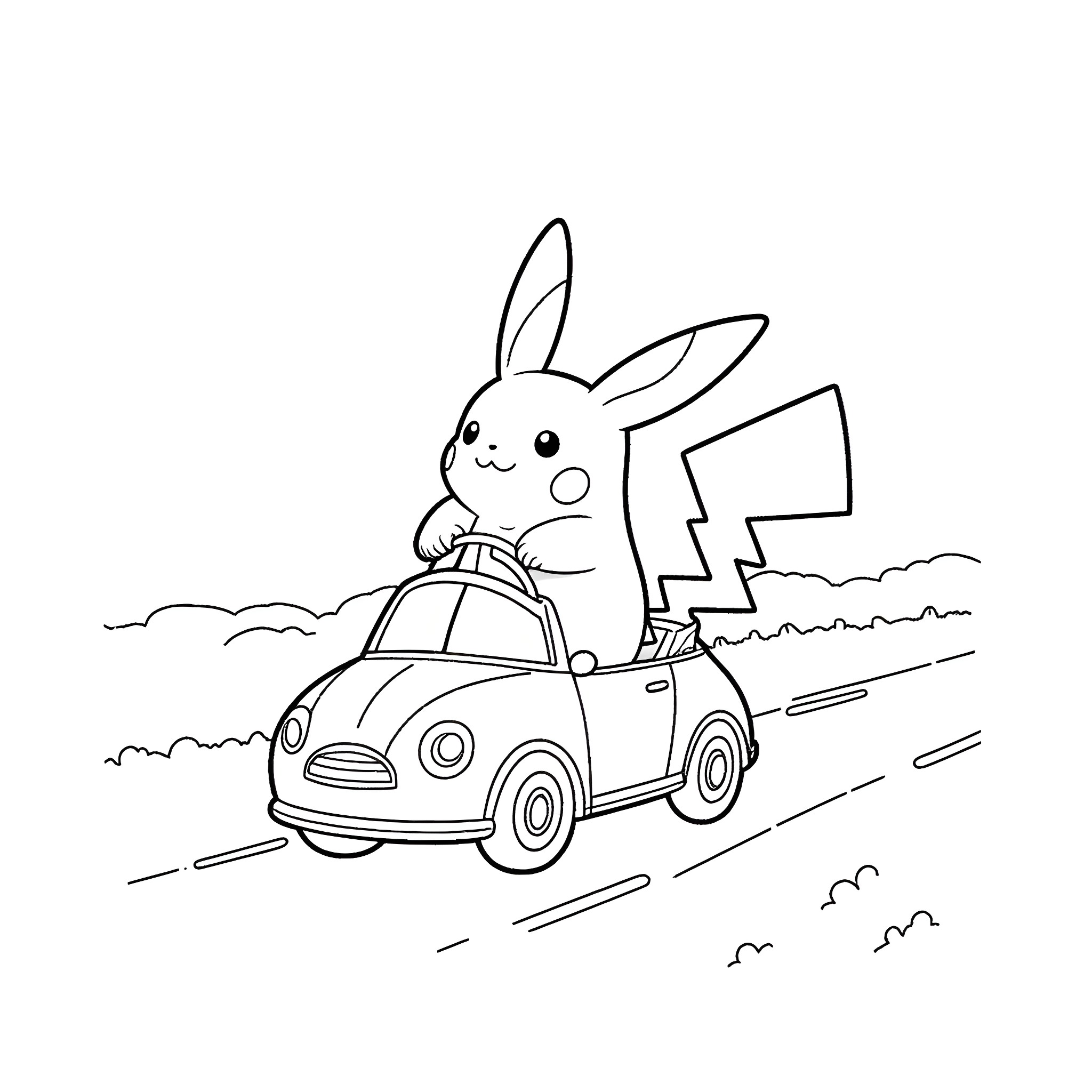 Pikachu driving a car happily on the road Coloring Page (free black-and-white line drawing printable PDF for all, from beginners to advanced learners, including children, teens, adults, and seniors)