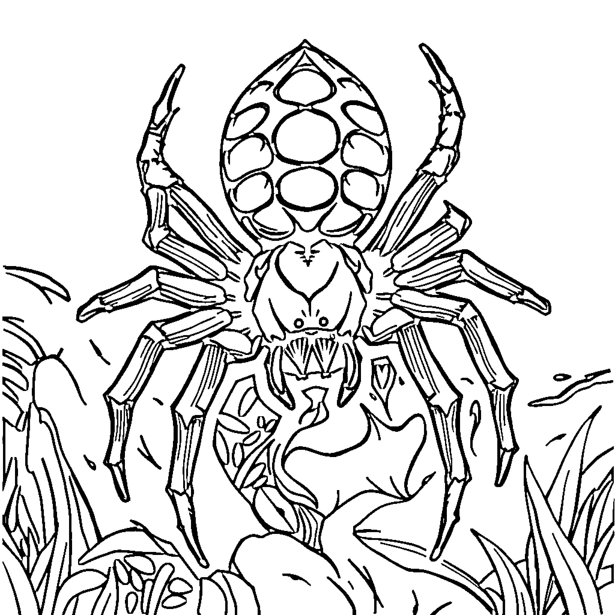 Spider crawling through the undergrowth Coloring Page (free black-and-white line drawing printable PDF for all, from beginners to advanced learners, including children, teens, adults, and seniors)