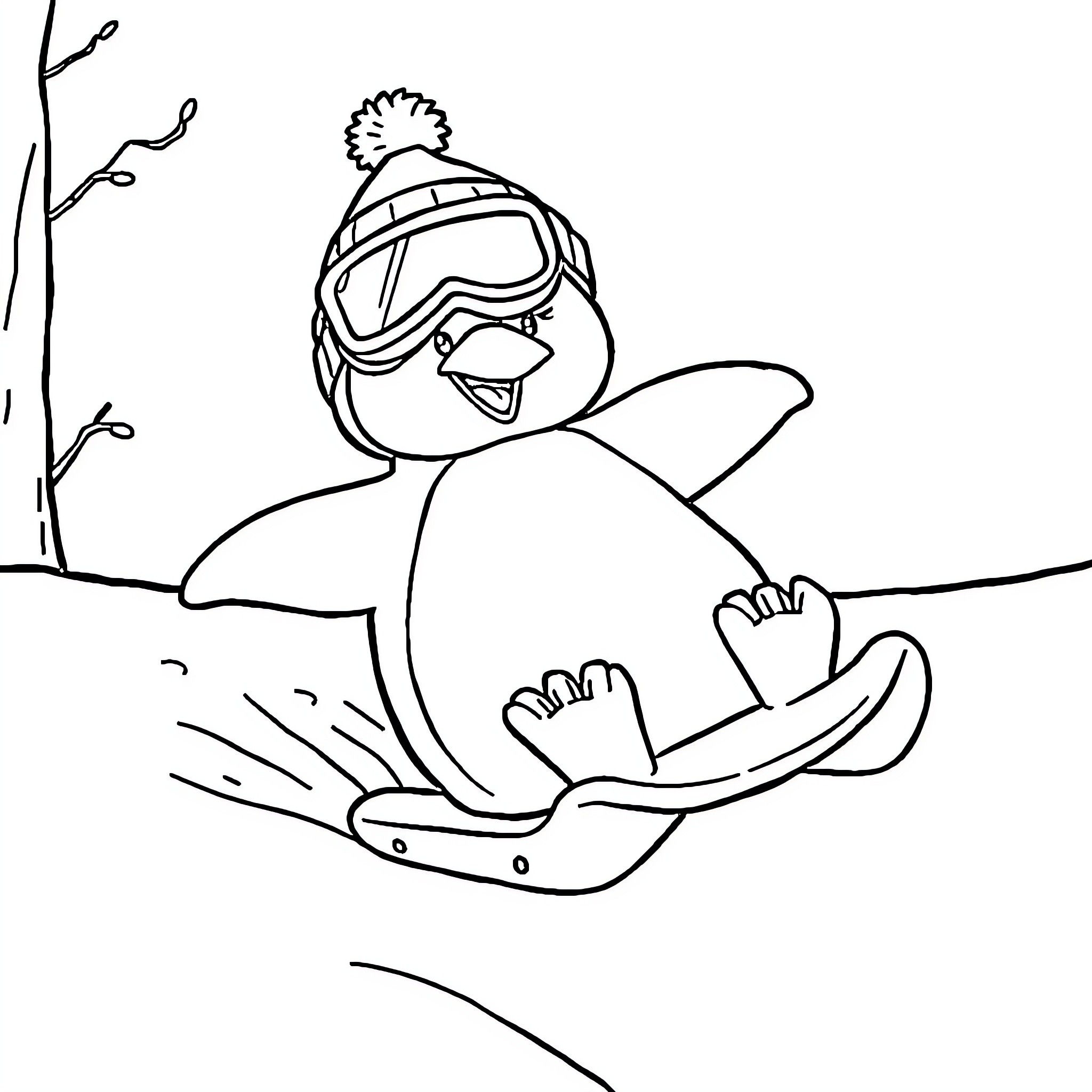 Pororo happily sledding in the winter wonderland Coloring Page (free black-and-white line drawing printable PDF for all, from beginners to advanced learners, including children, teens, adults, and seniors)