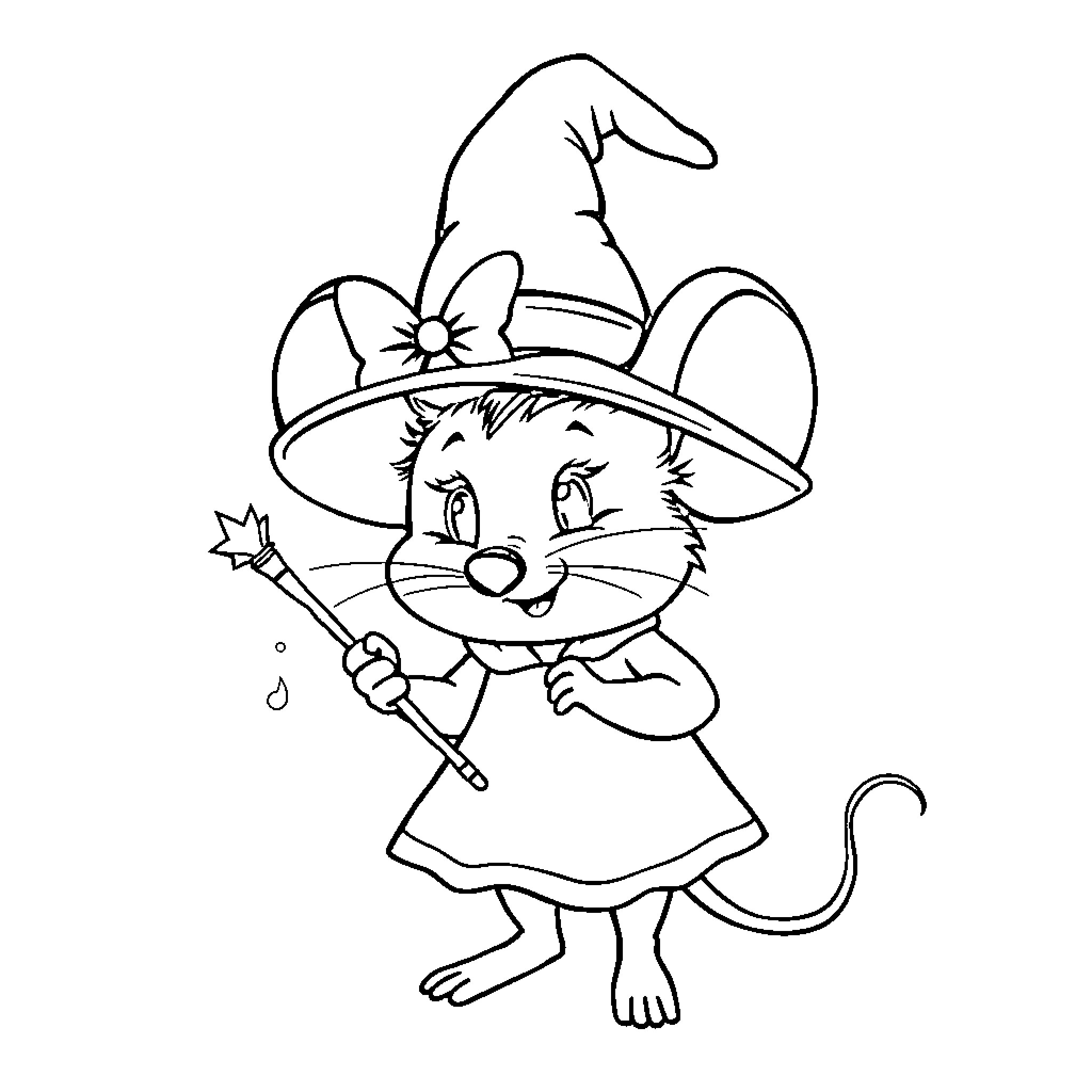 Diddl the Witch-Themed Mouse Character Coloring Page (free black-and-white line drawing printable PDF for all, from beginners to advanced learners, including children, teens, adults, and seniors)