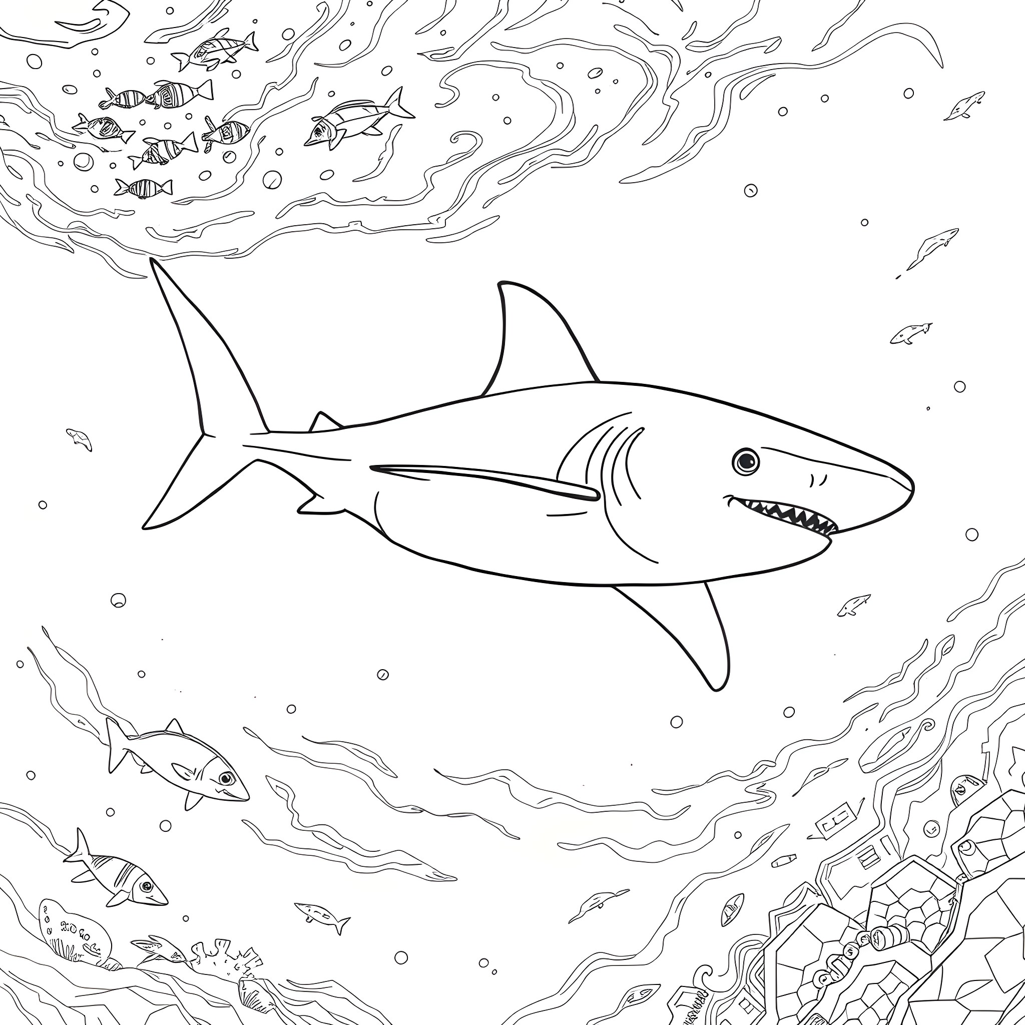 Shark swimming among tropical fish Coloring Page (free black-and-white line drawing printable PDF for all, from beginners to advanced learners, including children, teens, adults, and seniors)