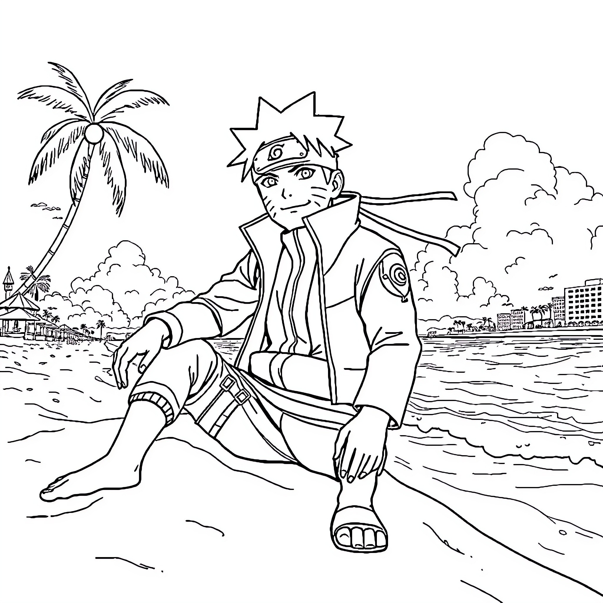 Naruto enjoying a peaceful day at the beach Coloring Page (free black-and-white line drawing printable PDF for all, from beginners to advanced learners, including children, teens, adults, and seniors)