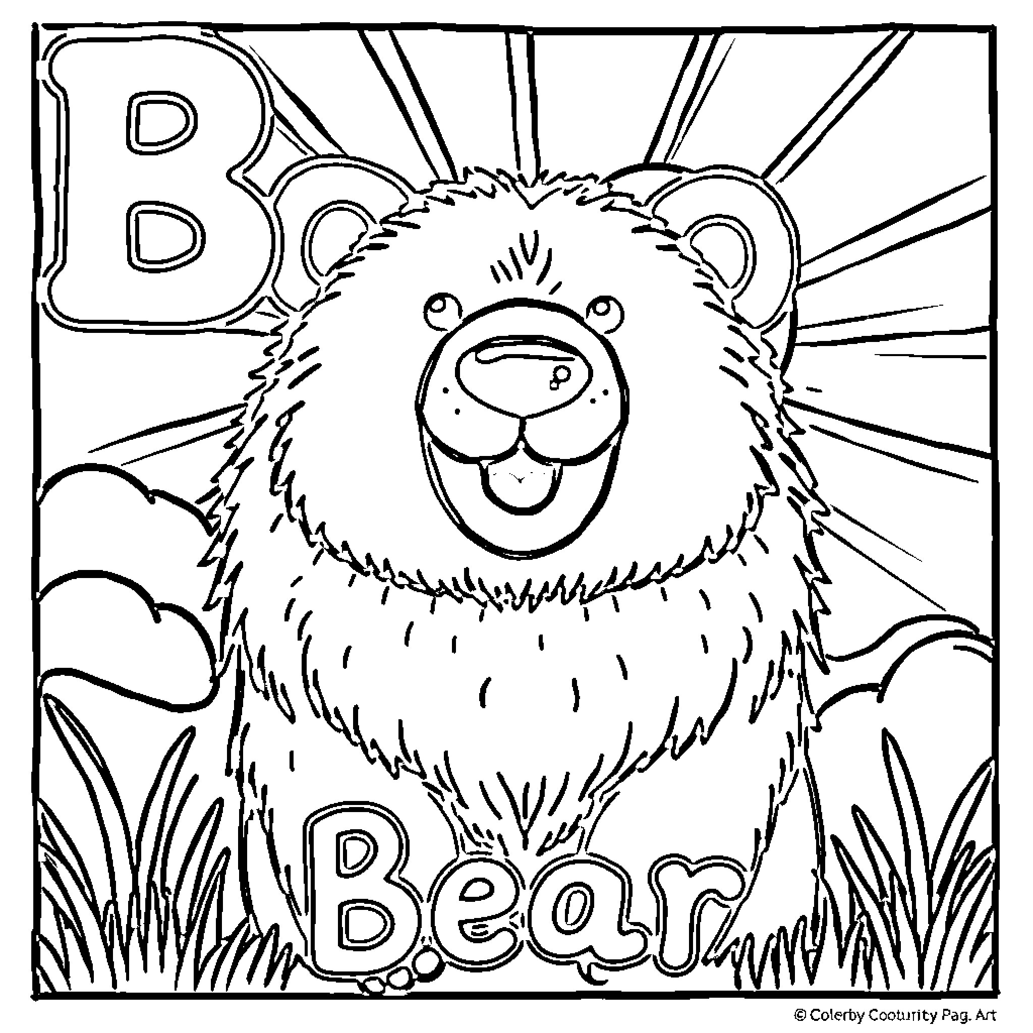 Bear happily playing in the grass Coloring Page (free black-and-white line drawing printable PDF for all, from beginners to advanced learners, including children, teens, adults, and seniors)