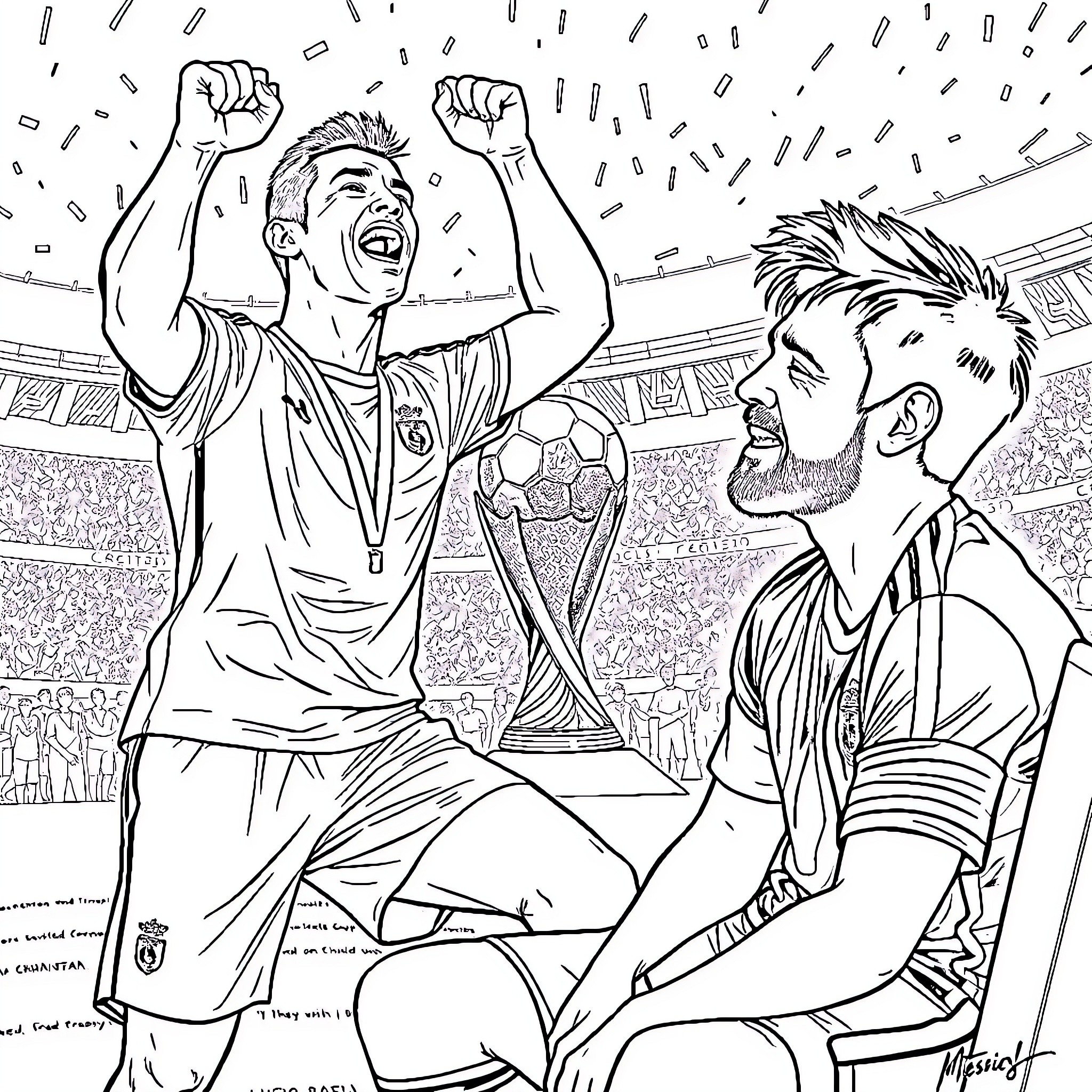 Cristiano Ronaldo celebrates victory with teammate on field Coloring Page (free black-and-white line drawing printable PDF for all, from beginners to advanced learners, including children, teens, adults, and seniors)