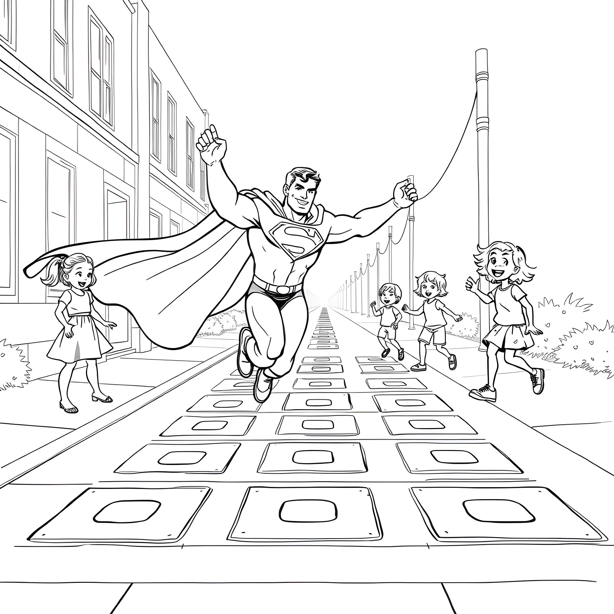 Superman's heroic flight over the city with children Coloring Page (free black-and-white line drawing printable PDF for all, from beginners to advanced learners, including children, teens, adults, and seniors)