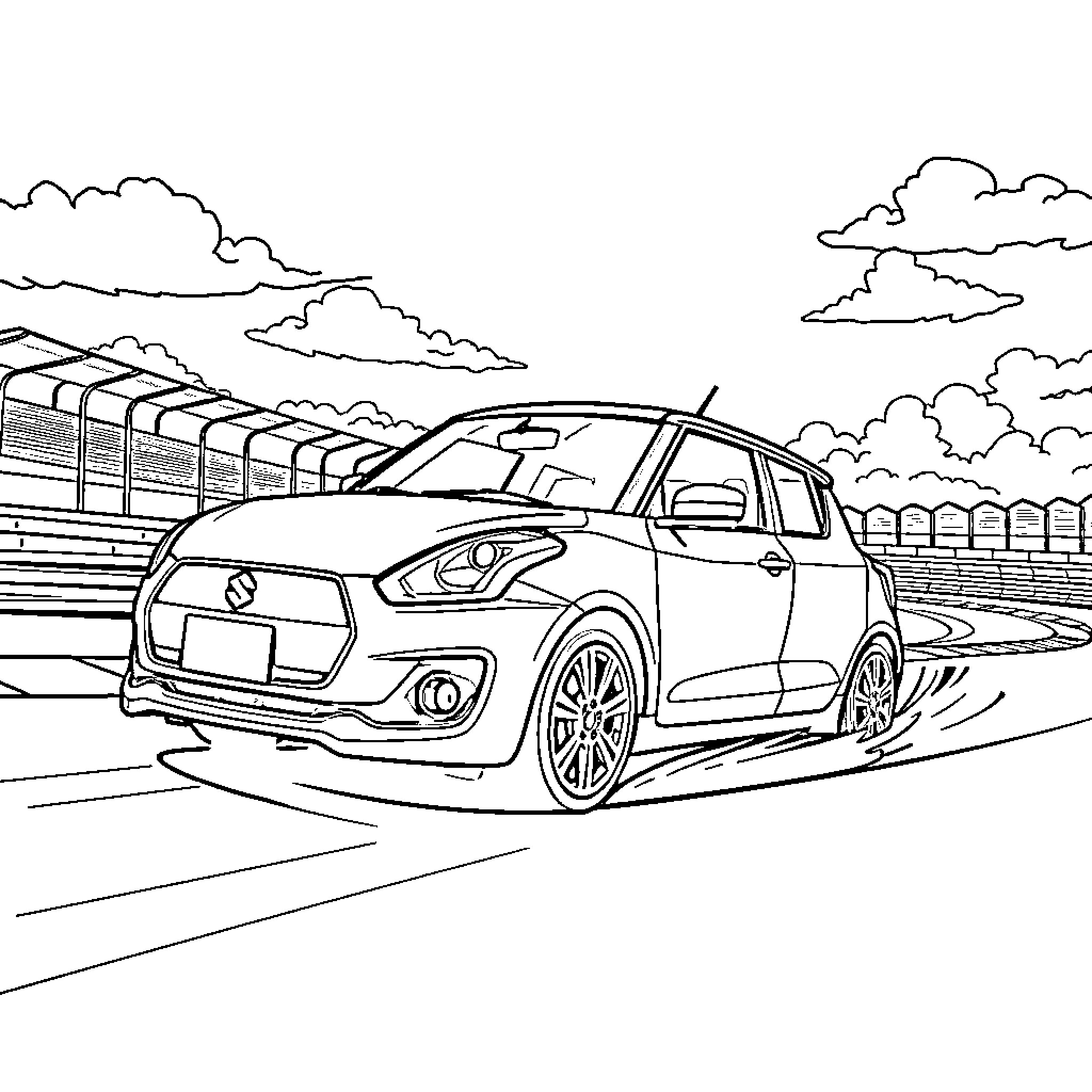 Suzuki Swift speeding on racetrack with clouds Coloring Page (free black-and-white line drawing printable PDF for all, from beginners to advanced learners, including children, teens, adults, and seniors)