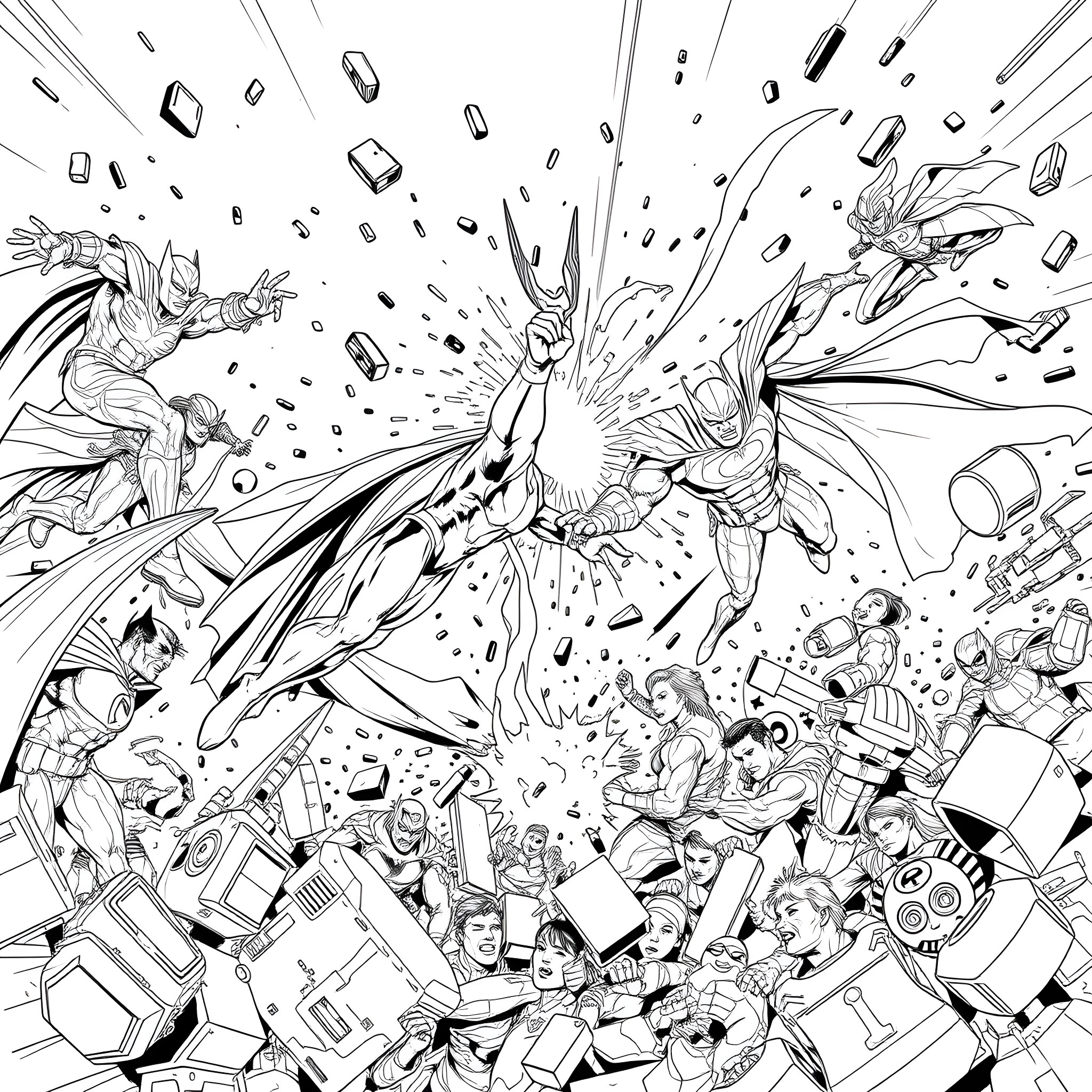 Superhero battle scene with explosive action Coloring Page (free black-and-white line drawing printable PDF for all, from beginners to advanced learners, including children, teens, adults, and seniors)
