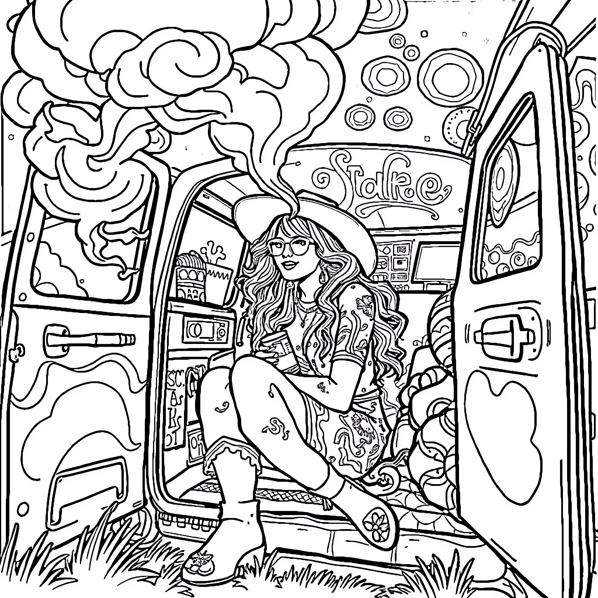 Lady Relaxing in Psychedelic Van Coloring Page (free black-and-white line drawing printable PDF for all, from beginners to advanced learners, including children, teens, adults, and seniors)