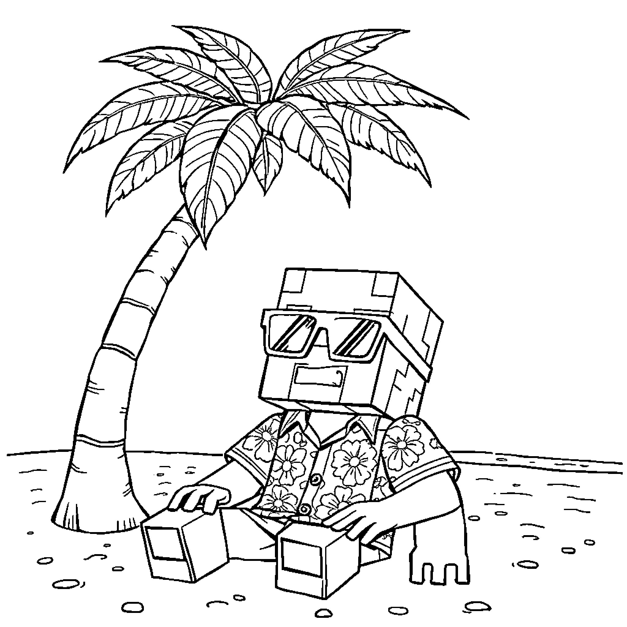 Creeper relaxing on the beach under a palm tree Coloring Page (free black-and-white line drawing printable PDF for all, from beginners to advanced learners, including children, teens, adults, and seniors)