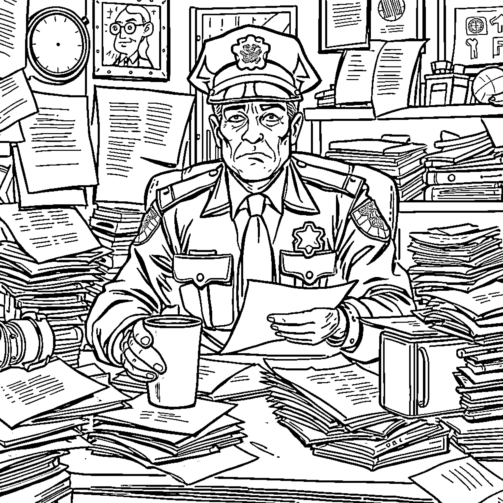Police Sergeant at Cluttered Desk with Paperwork Coloring Page (free black-and-white line drawing printable PDF for all, from beginners to advanced learners, including children, teens, adults, and seniors)