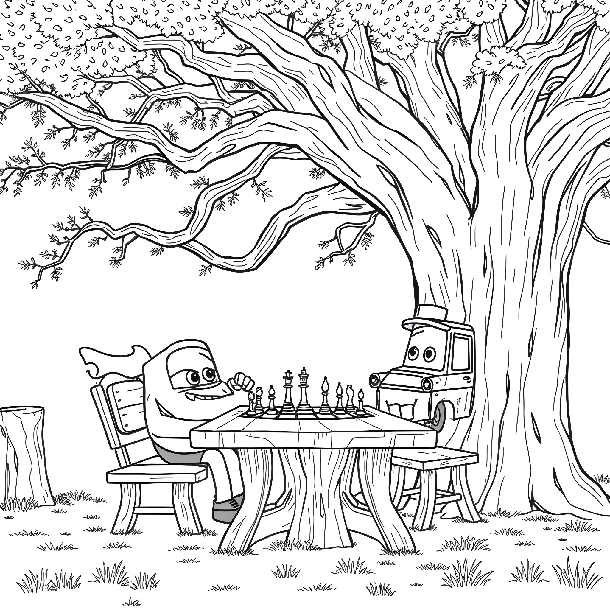 Lightning McQueen Playing Chess Beneath the Majestic Tree Coloring Page (free black-and-white line drawing printable PDF for all, from beginners to advanced learners, including children, teens, adults, and seniors)