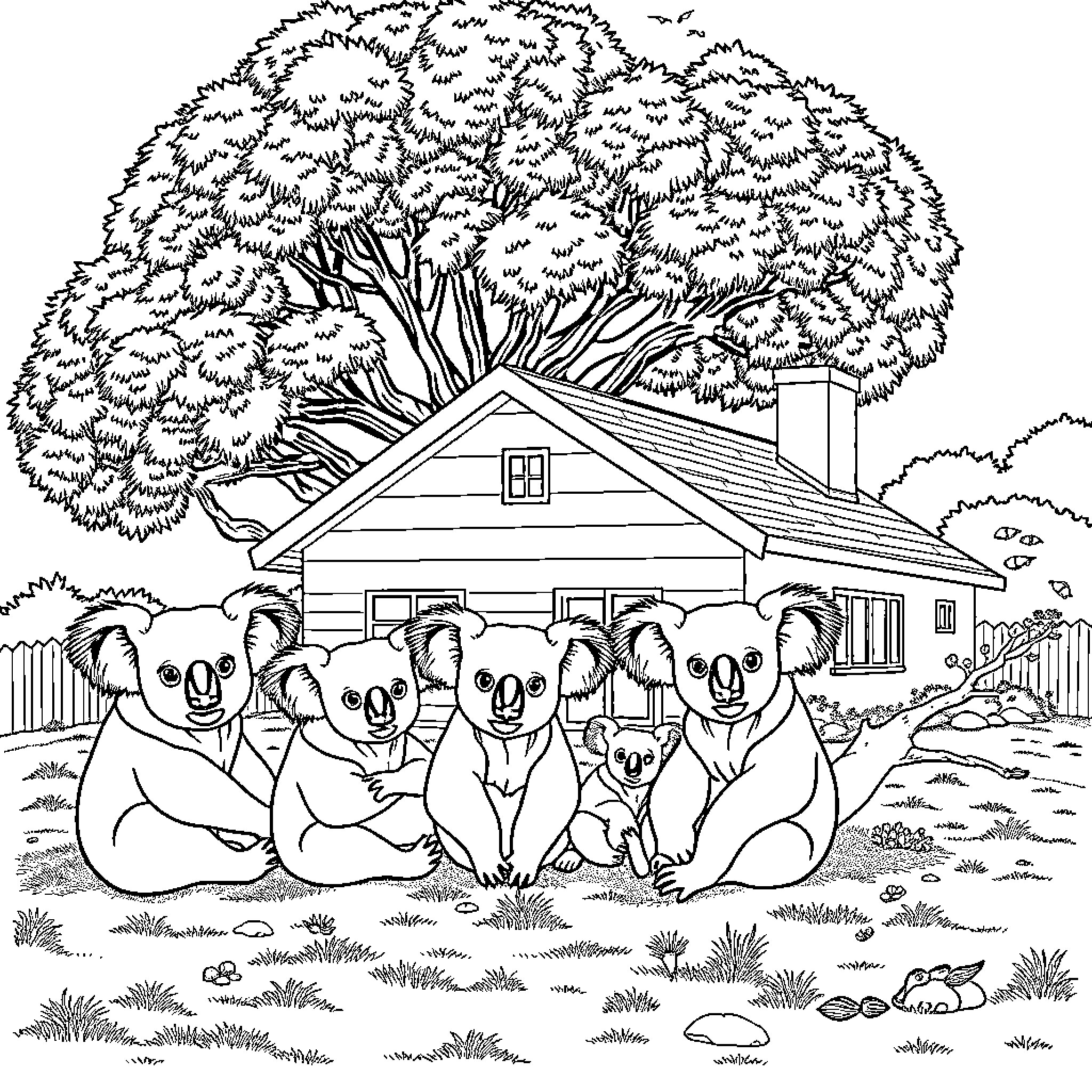 Koalas enjoying a peaceful day at home Coloring Page (free black-and-white line drawing printable PDF for all, from beginners to advanced learners, including children, teens, adults, and seniors)