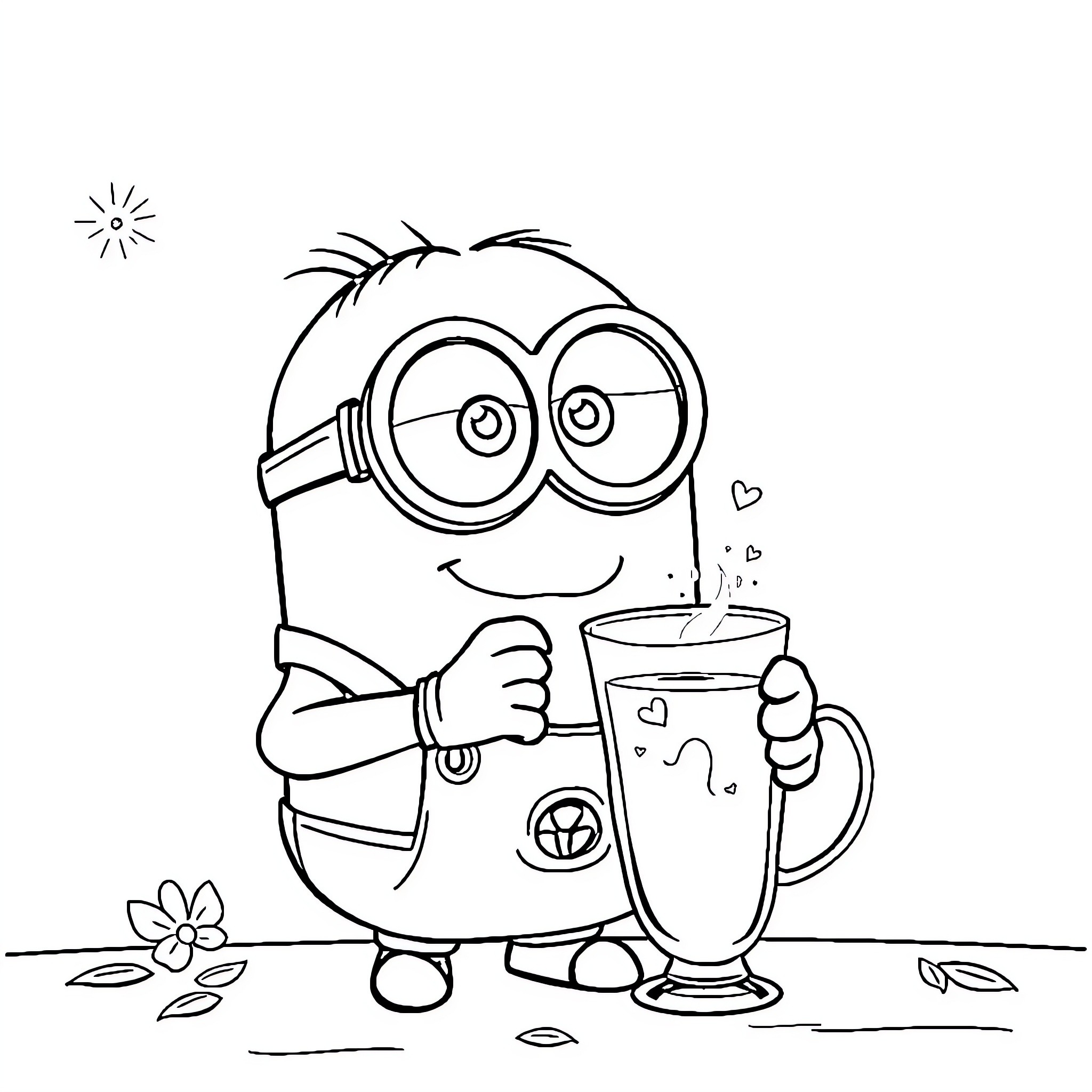 Minion enjoying a refreshing beverage Coloring Page (free black-and-white line drawing printable PDF for all, from beginners to advanced learners, including children, teens, adults, and seniors)
