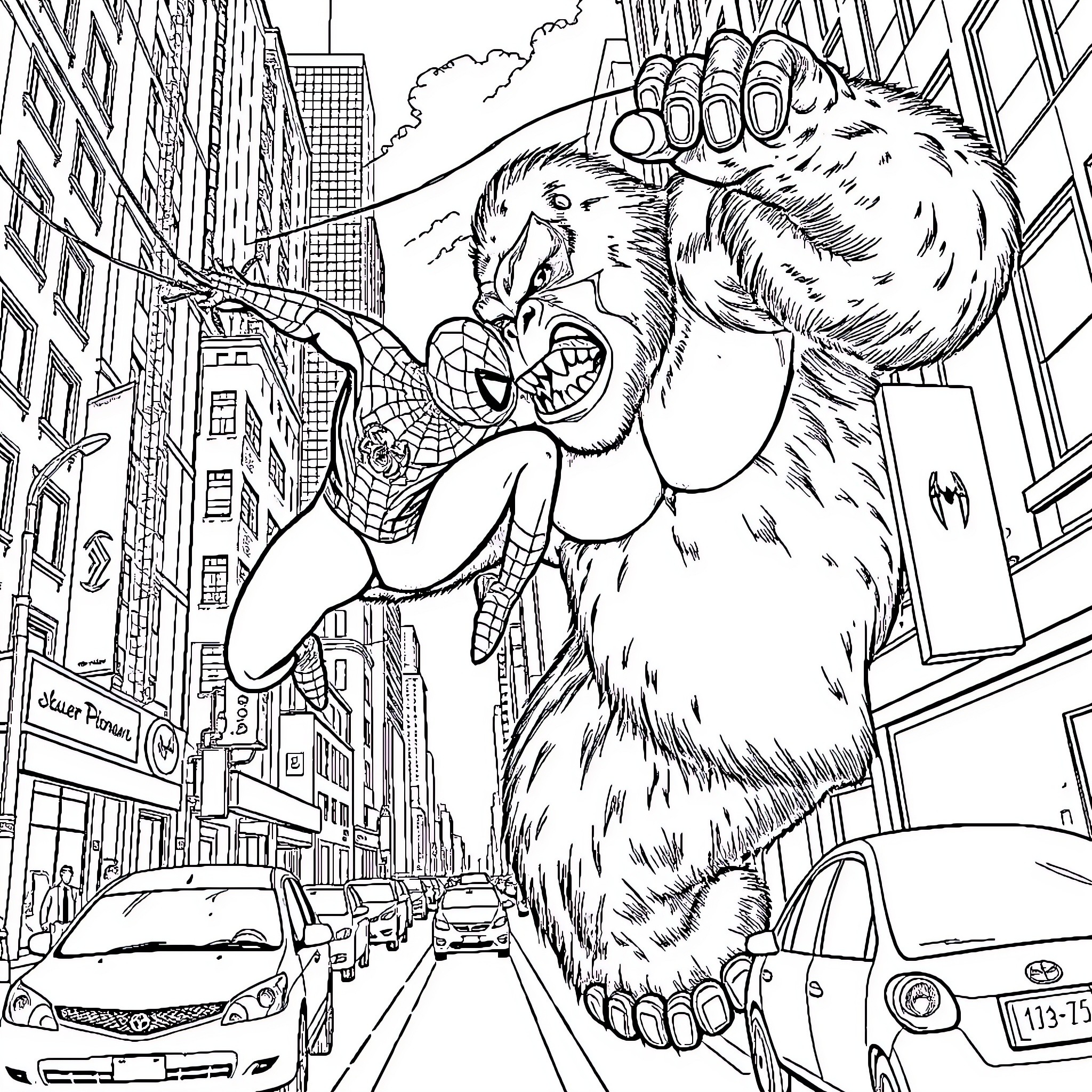 Spiderman battling a giant furry monster in the city Coloring Page (free black-and-white line drawing printable PDF for all, from beginners to advanced learners, including children, teens, adults, and seniors)