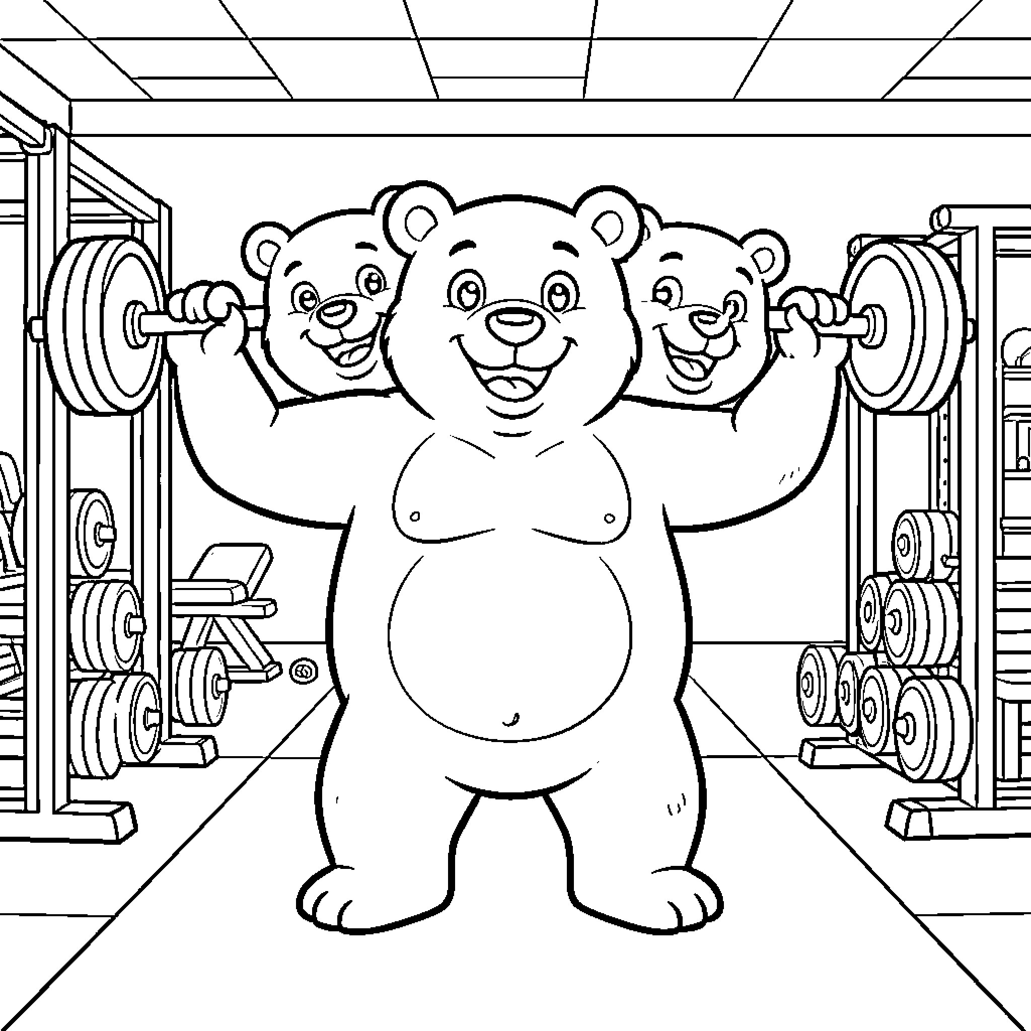 Bear lifting weights at the gym with friends Coloring Page (free black-and-white line drawing printable PDF for all, from beginners to advanced learners, including children, teens, adults, and seniors)