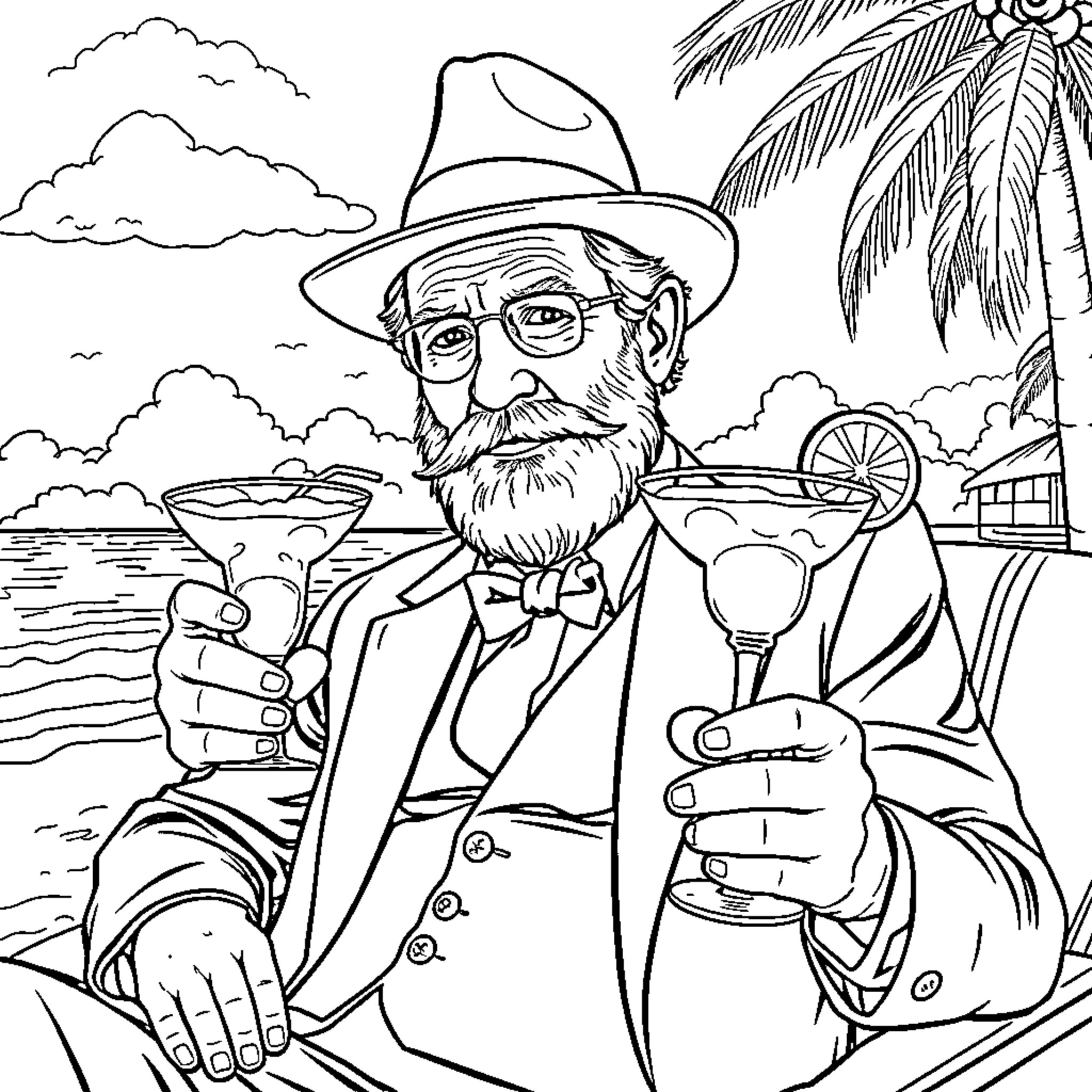 Sigmund Freud Enjoying Cocktails on a Tropical Beach Coloring Page (free black-and-white line drawing printable PDF for all, from beginners to advanced learners, including children, teens, adults, and seniors)