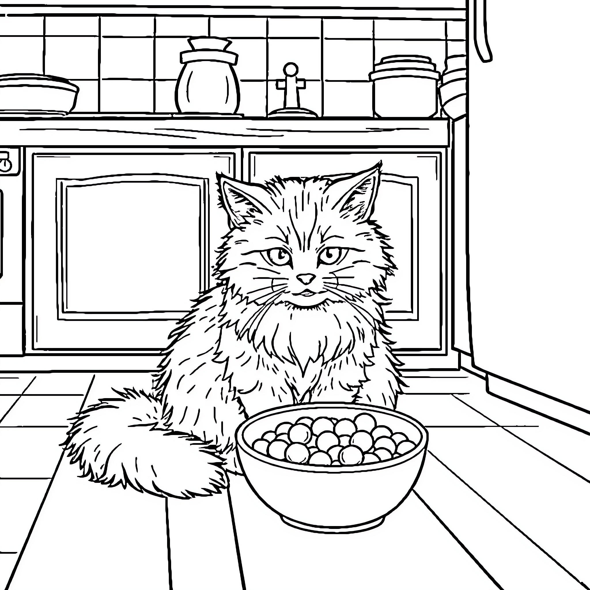 Cat looking at food in kitchen Coloring Page (free black-and-white line drawing printable PDF for all, from beginners to advanced learners, including children, teens, adults, and seniors)