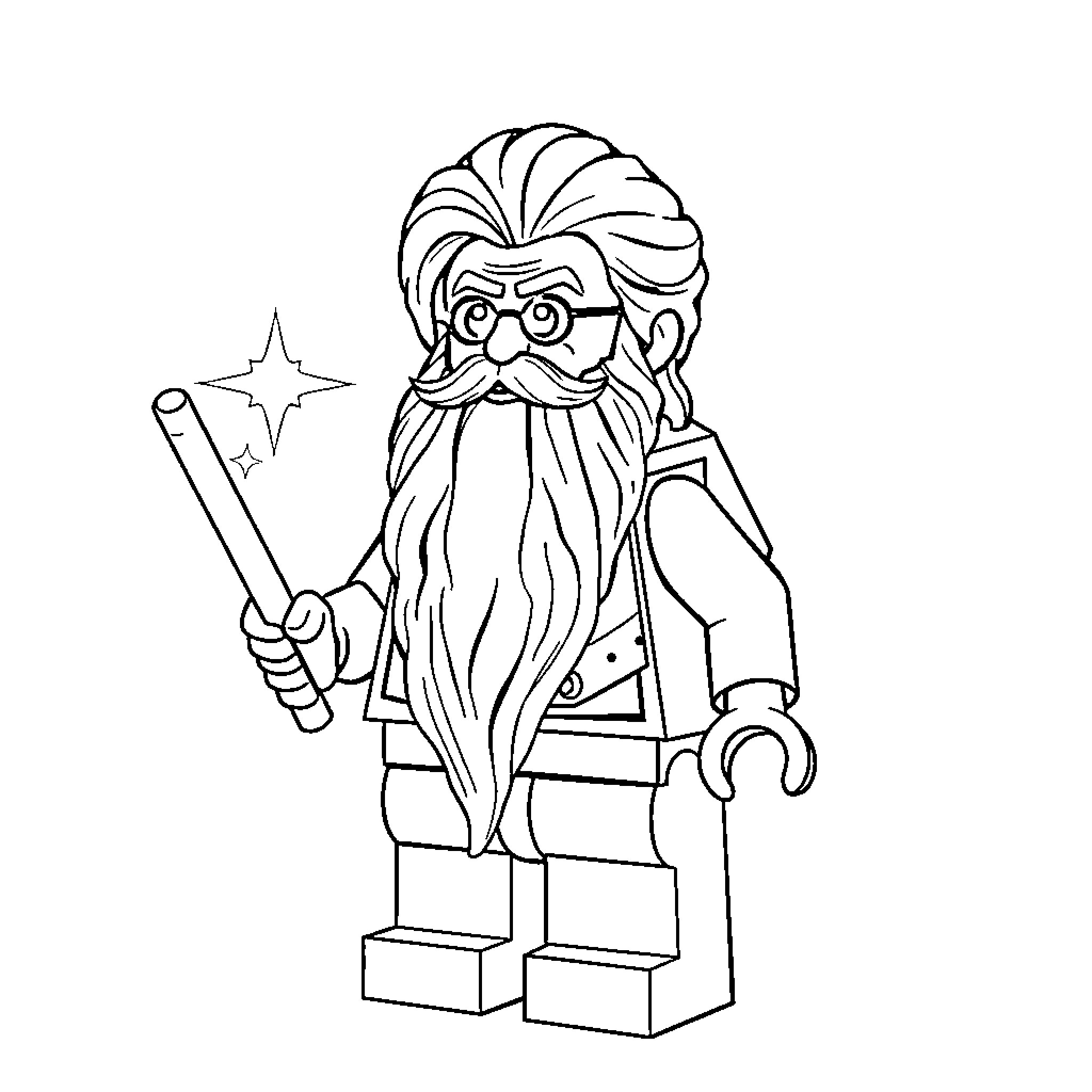 Dumbledore the Wizard with Magical Wand Coloring Page (free black-and-white line drawing printable PDF for all, from beginners to advanced learners, including children, teens, adults, and seniors)