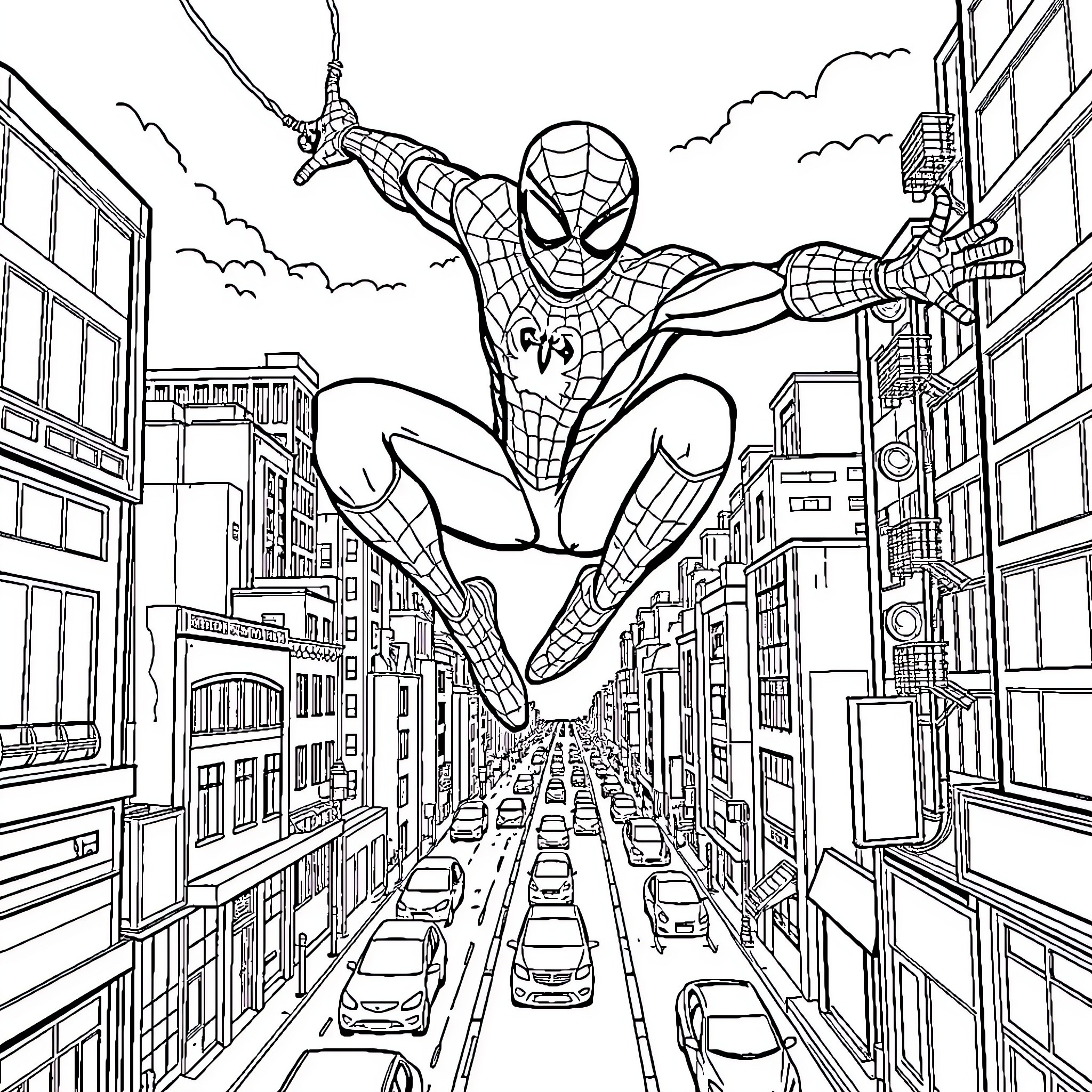 Spiderman swinging through the city skyline Coloring Page (free black-and-white line drawing printable PDF for all, from beginners to advanced learners, including children, teens, adults, and seniors)