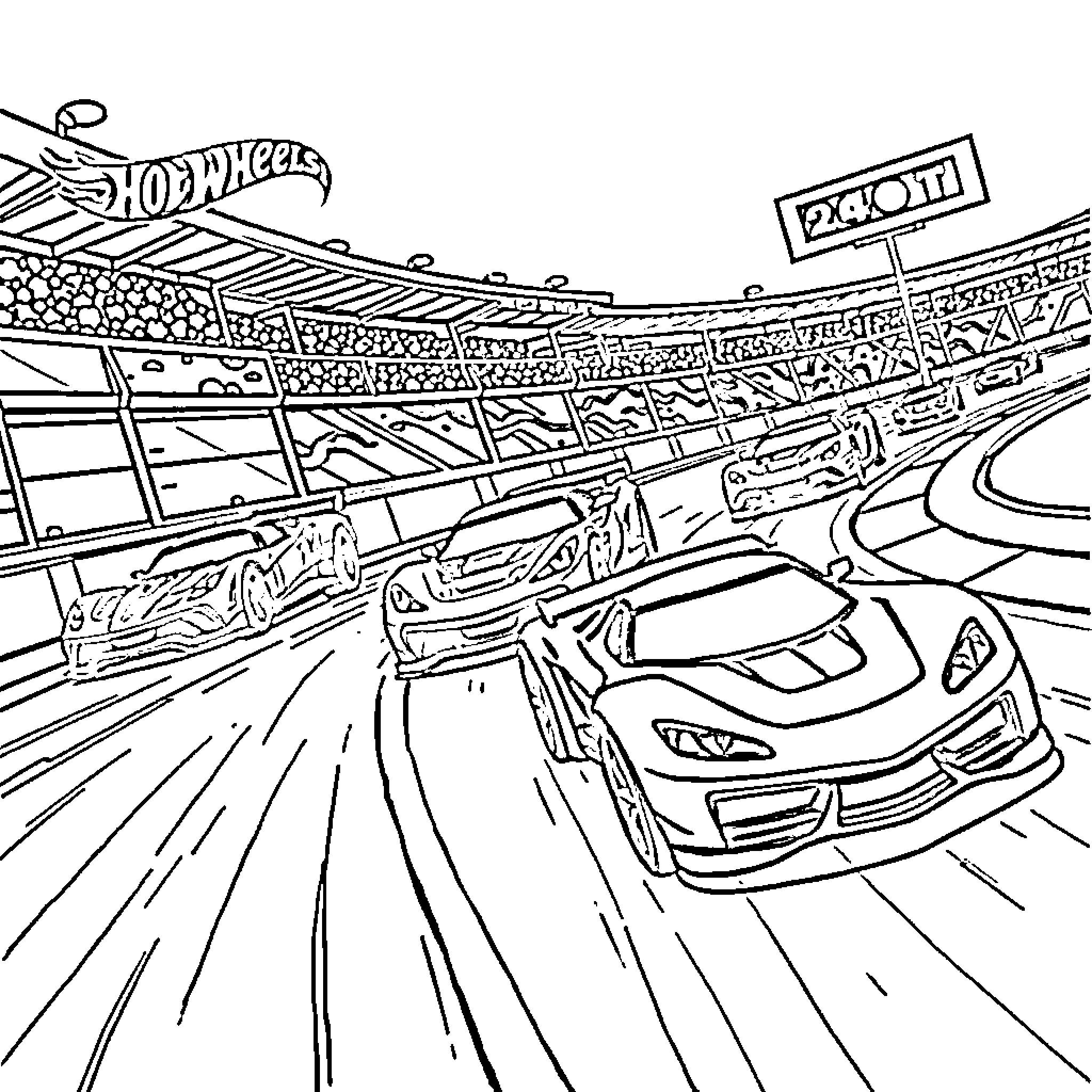 Hot Wheels Racetrack Racing Action Excitement Coloring Page (free black-and-white line drawing printable PDF for all, from beginners to advanced learners, including children, teens, adults, and seniors)