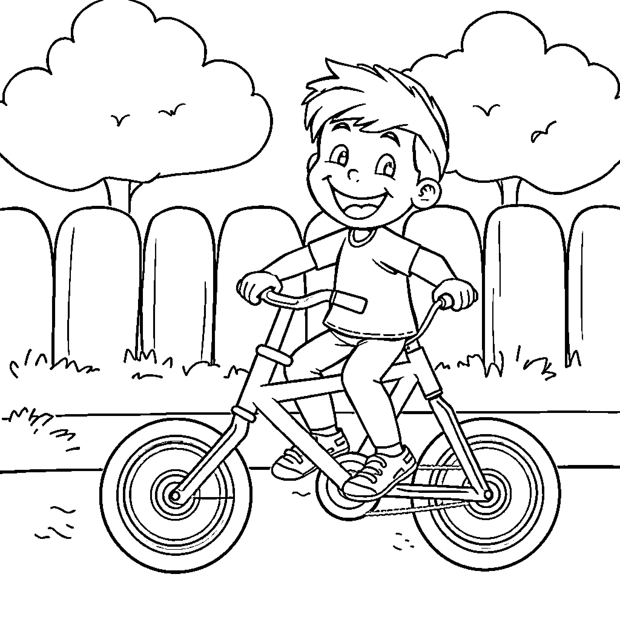 Bodoque riding a bicycle in the park Coloring Page (free black-and-white line drawing printable PDF for all, from beginners to advanced learners, including children, teens, adults, and seniors)