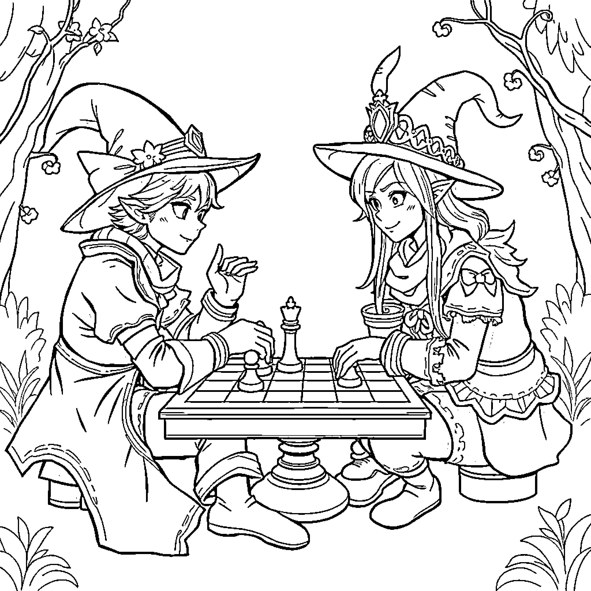 Fantasy Witches Engage in a Magical Chess Match Coloring Page (free black-and-white line drawing printable PDF for all, from beginners to advanced learners, including children, teens, adults, and seniors)