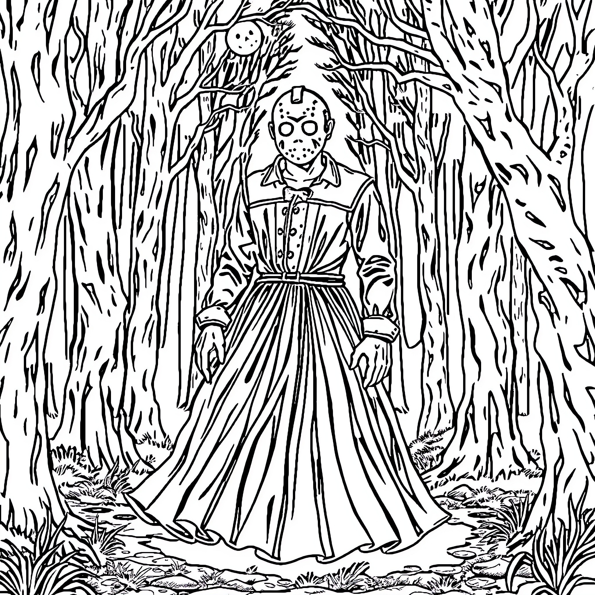 Jason Voorhees stalking in the dark forest Coloring Page (free black-and-white line drawing printable PDF for all, from beginners to advanced learners, including children, teens, adults, and seniors)