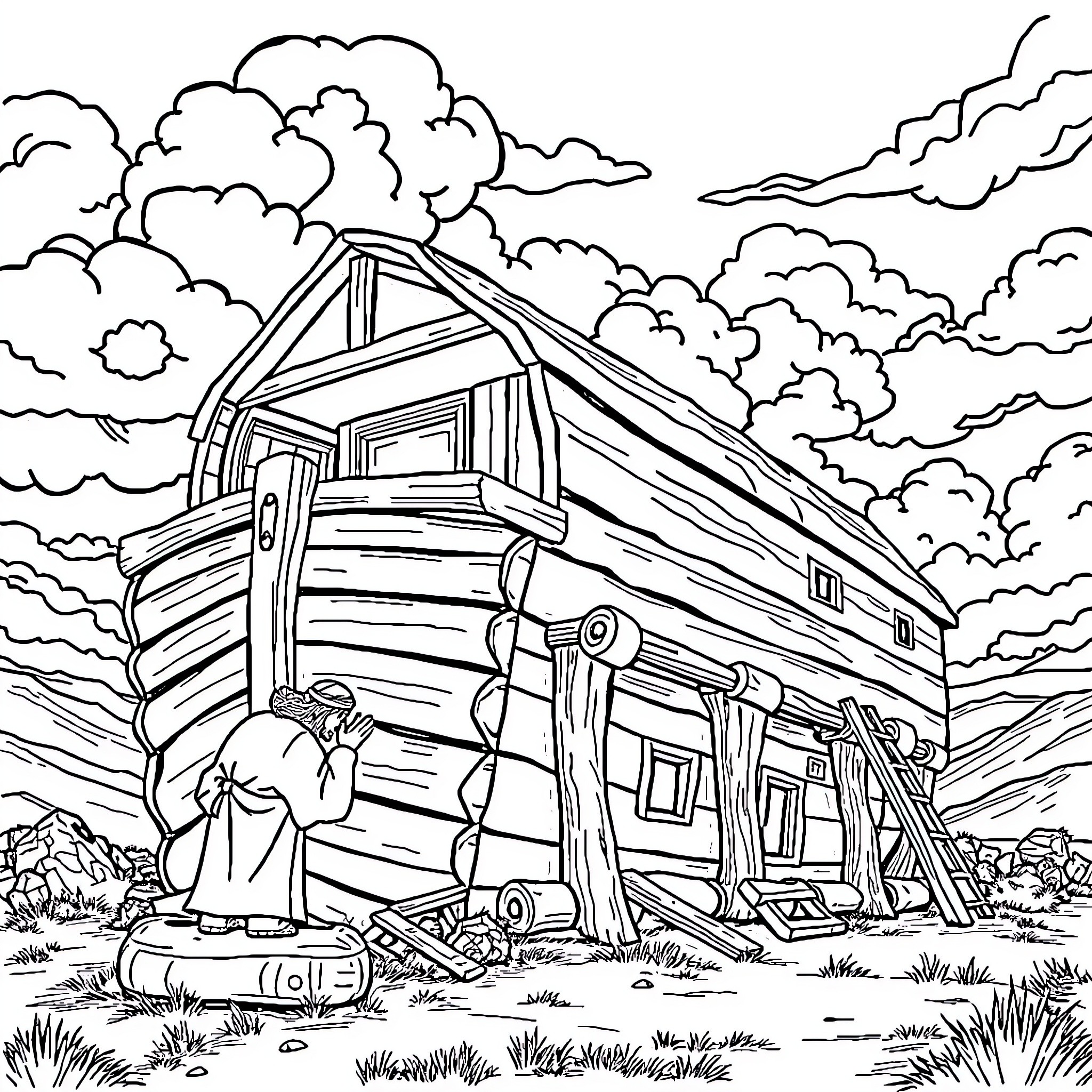 Noah's Building the Ark Amidst the Cloudy Skies Coloring Page (free black-and-white line drawing printable PDF for all, from beginners to advanced learners, including children, teens, adults, and seniors)