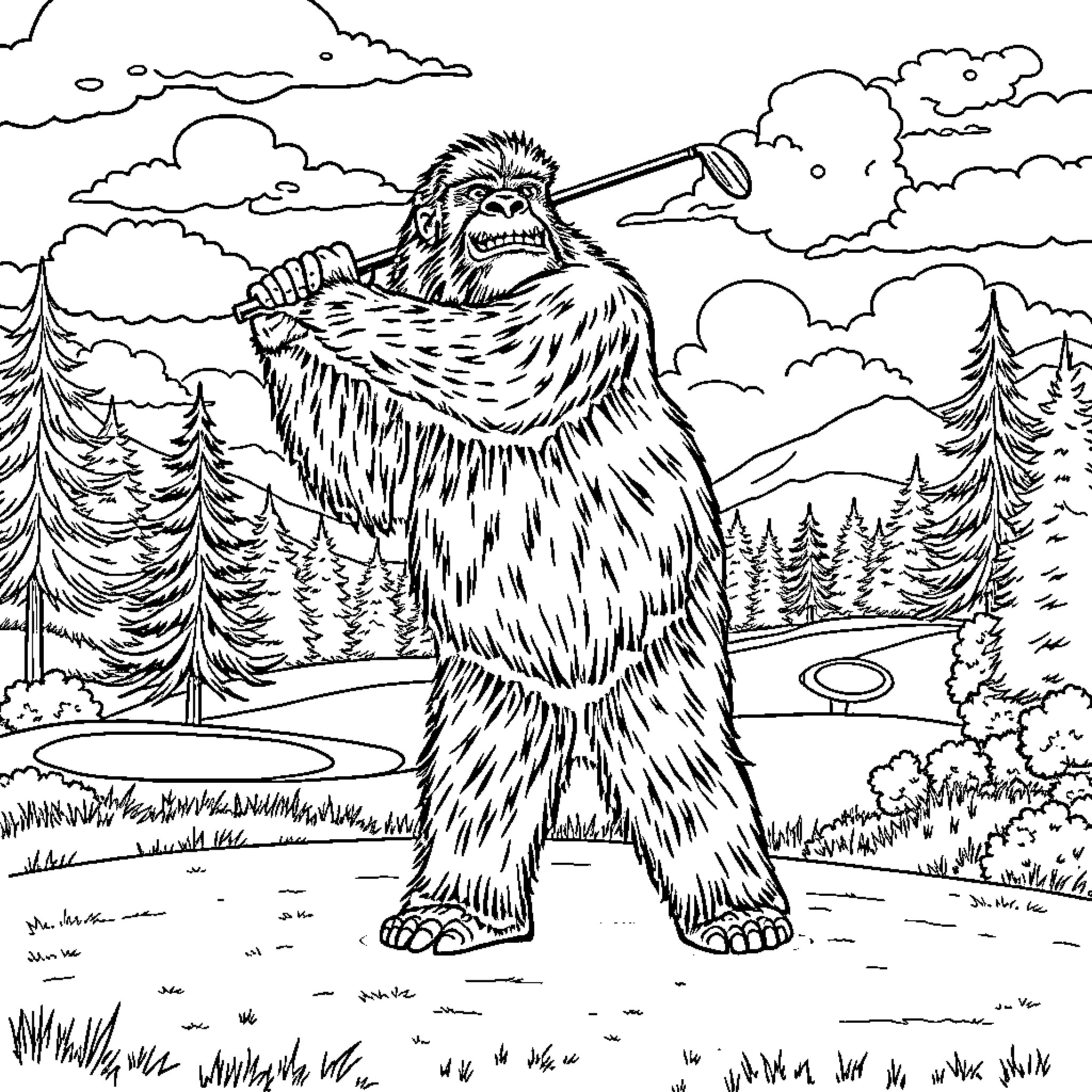 Sasquatch wielding a spear in the wilderness Coloring Page (free black-and-white line drawing printable PDF for all, from beginners to advanced learners, including children, teens, adults, and seniors)