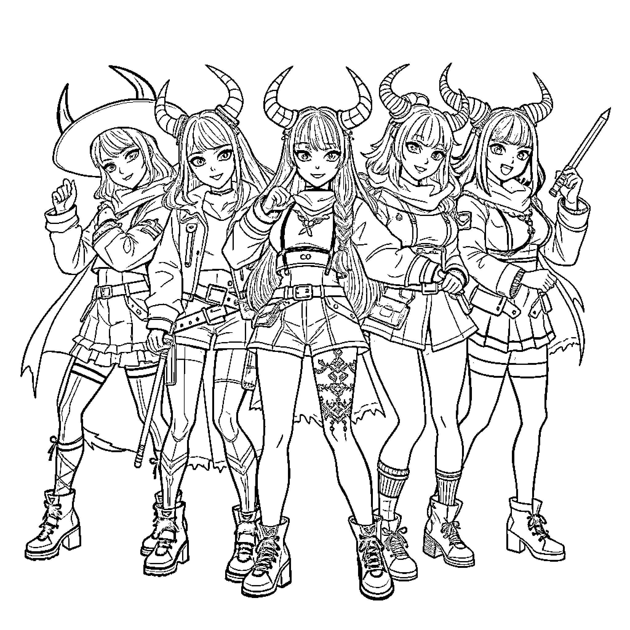 Rumi and her team of fantasy warriors Coloring Page (free black-and-white line drawing printable PDF for all, from beginners to advanced learners, including children, teens, adults, and seniors)