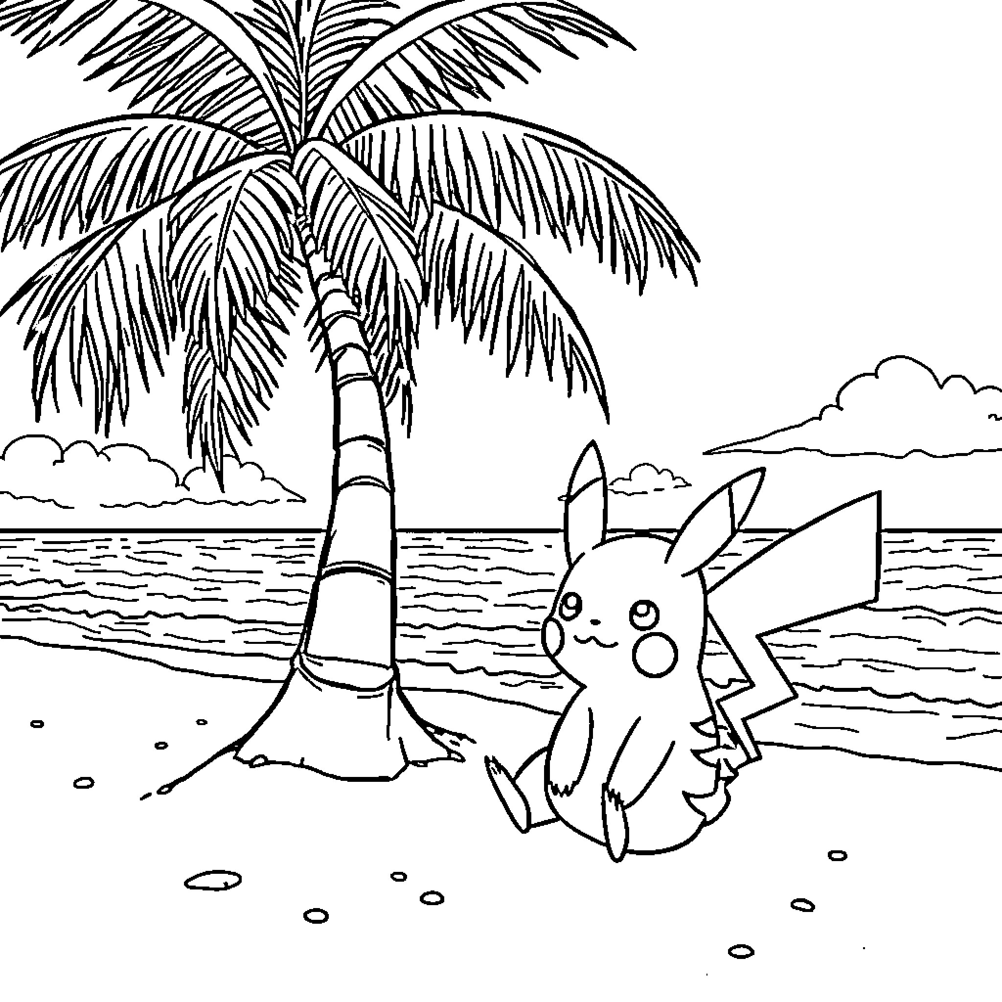 Pikachu relaxing on the beach with palm trees Coloring Page (free black-and-white line drawing printable PDF for all, from beginners to advanced learners, including children, teens, adults, and seniors)