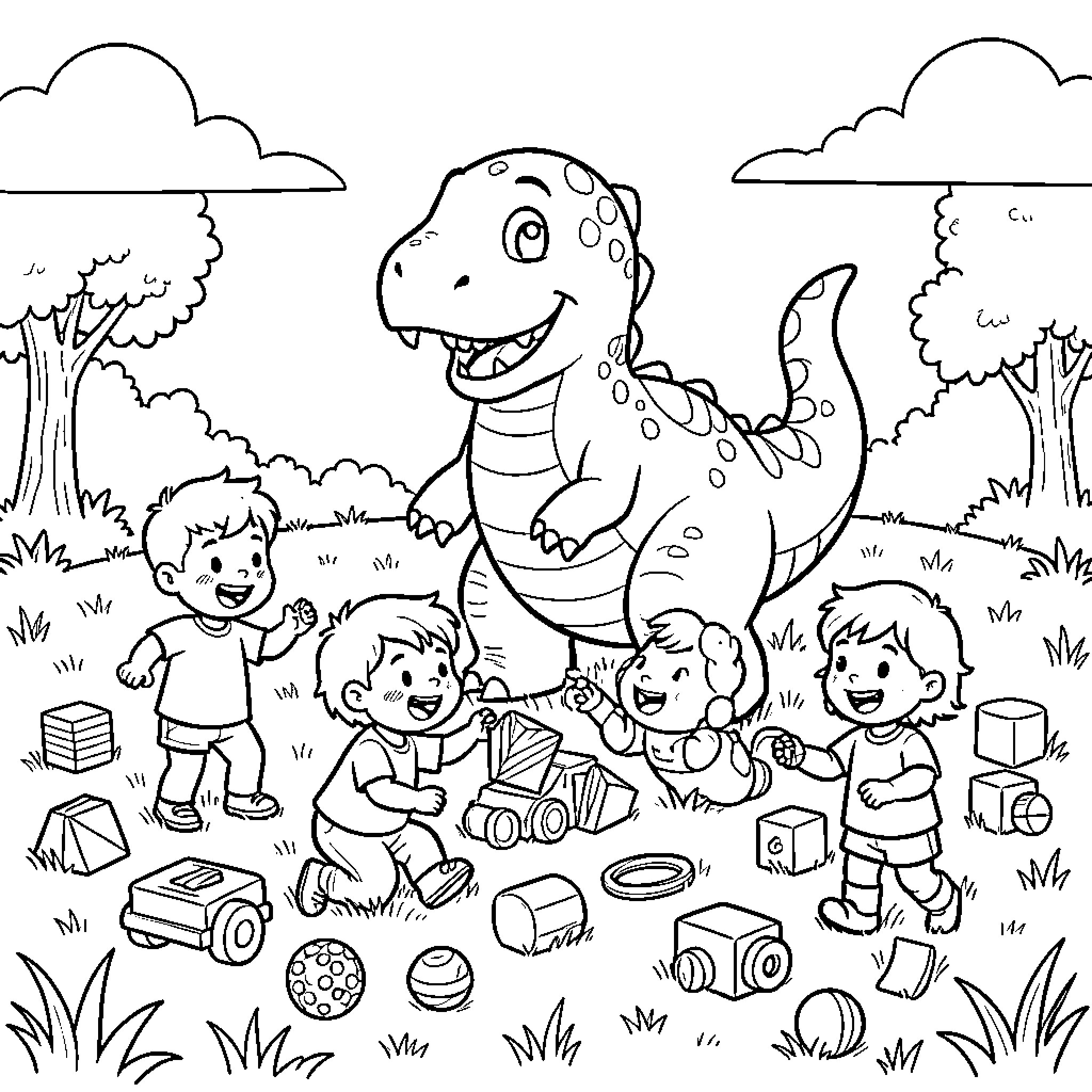 Dinosaur playing joyfully with a group of children Coloring Page (free black-and-white line drawing printable PDF for all, from beginners to advanced learners, including children, teens, adults, and seniors)