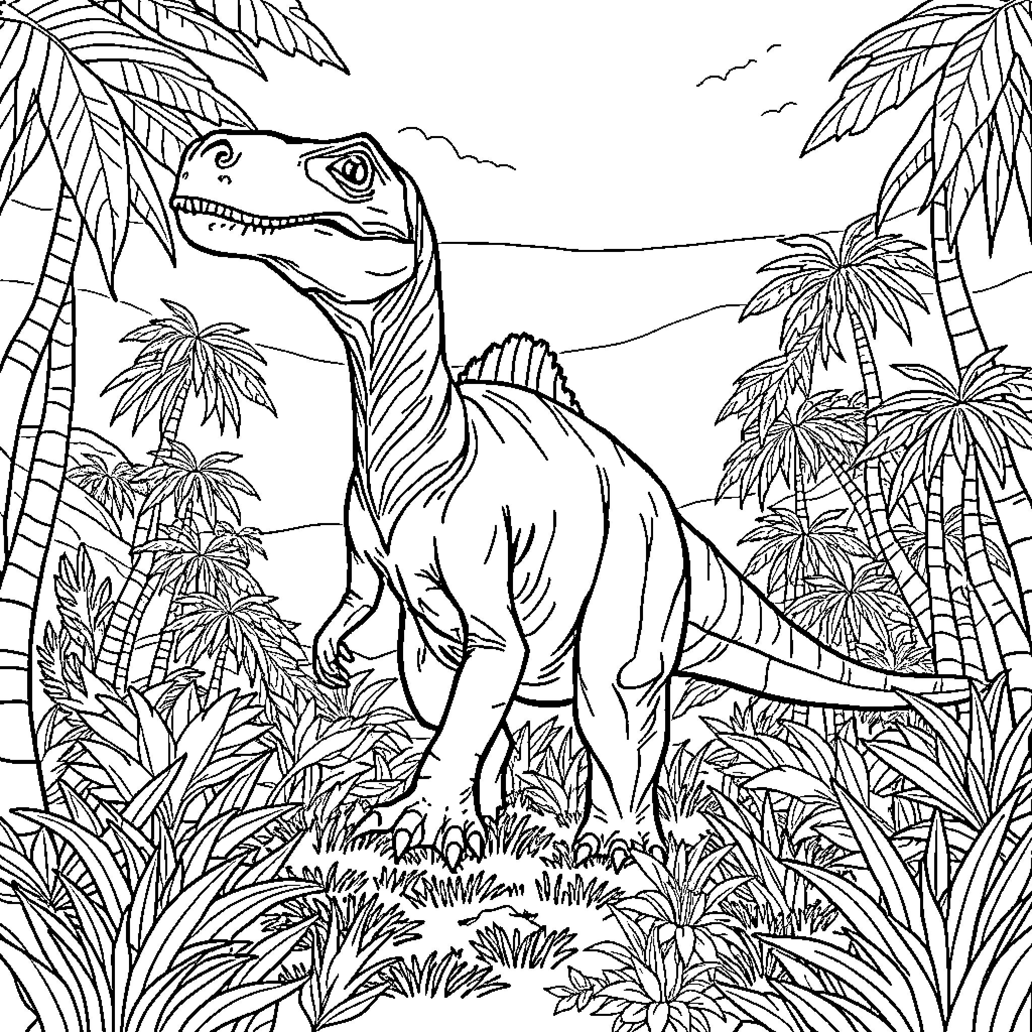 Dinosaur roaming in tropical jungle landscape Coloring Page (free black-and-white line drawing printable PDF for all, from beginners to advanced learners, including children, teens, adults, and seniors)