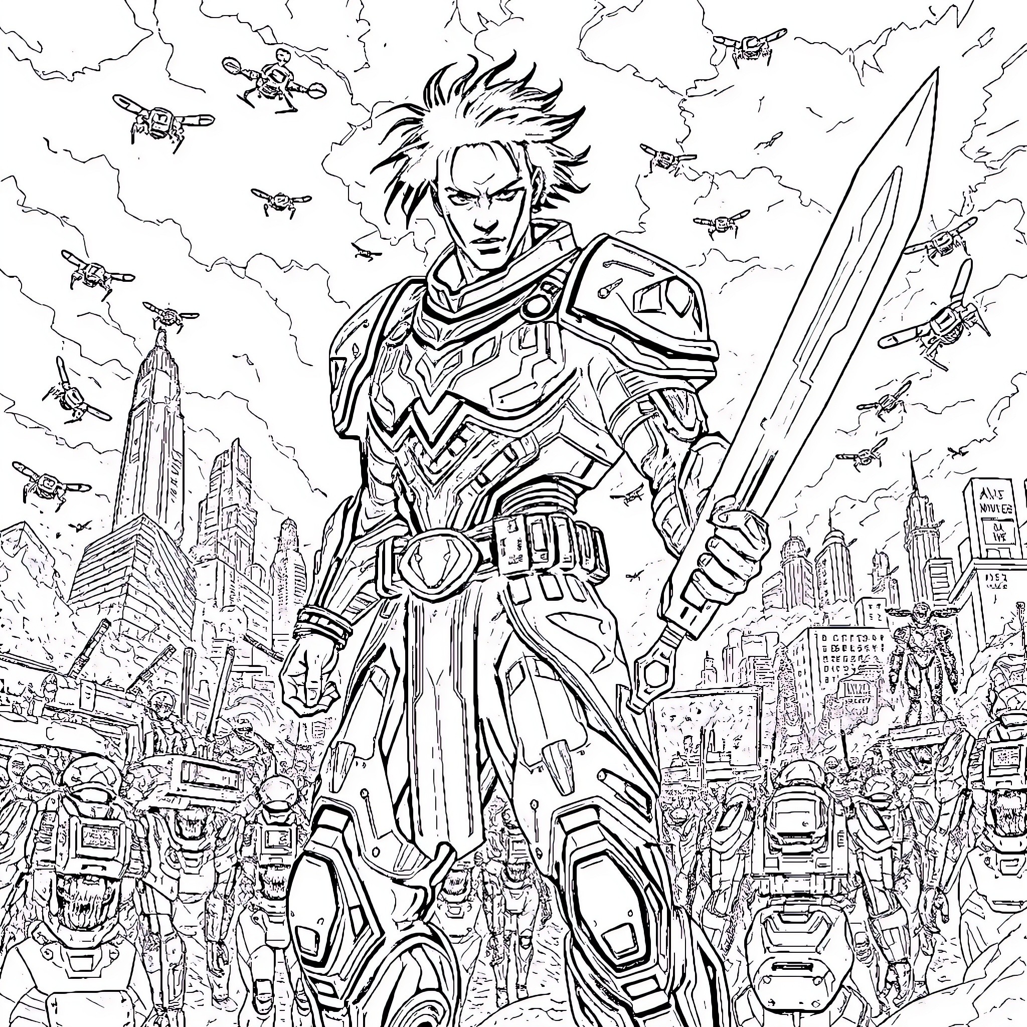 Hero Leading the Charge in a Futuristic Battle Coloring Page (free black-and-white line drawing printable PDF for all, from beginners to advanced learners, including children, teens, adults, and seniors)