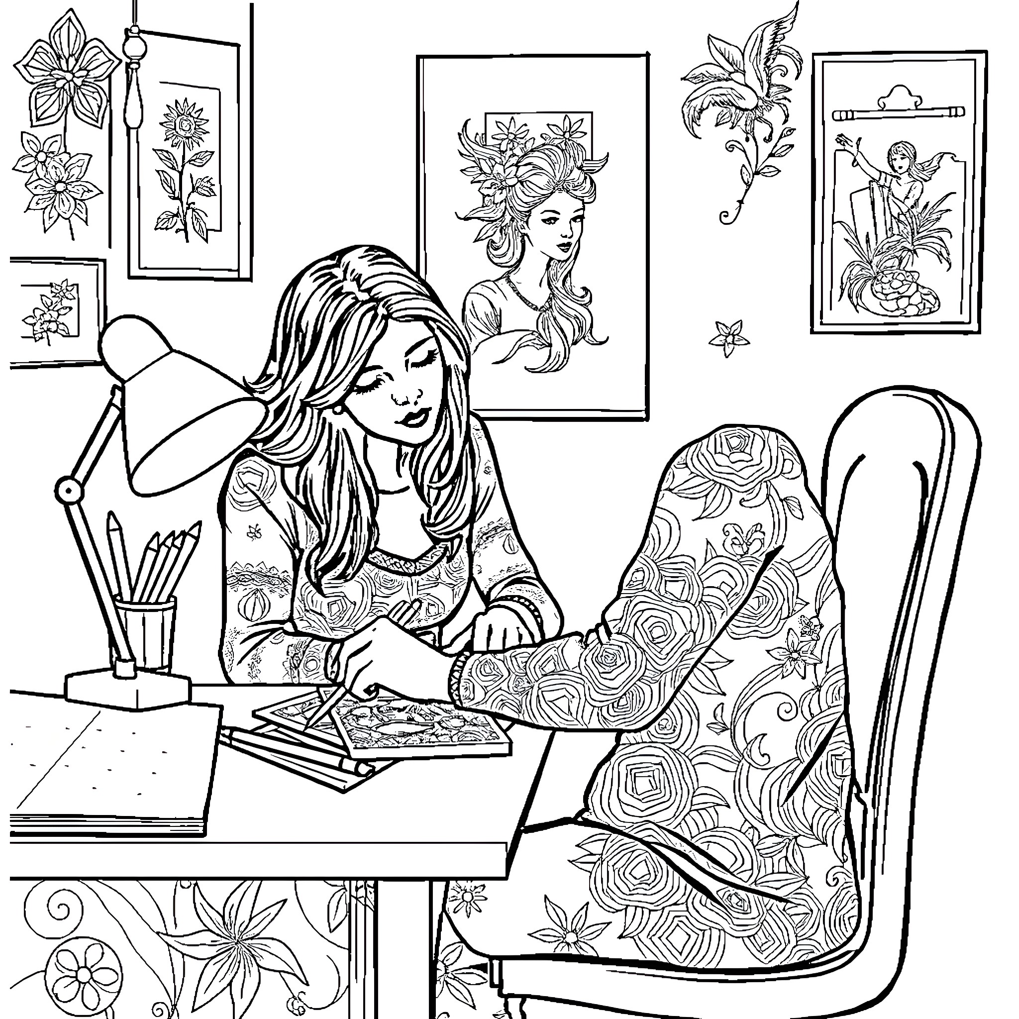 Wife's Creative Workspace with Floral Decor Coloring Page (free black-and-white line drawing printable PDF for all, from beginners to advanced learners, including children, teens, adults, and seniors)