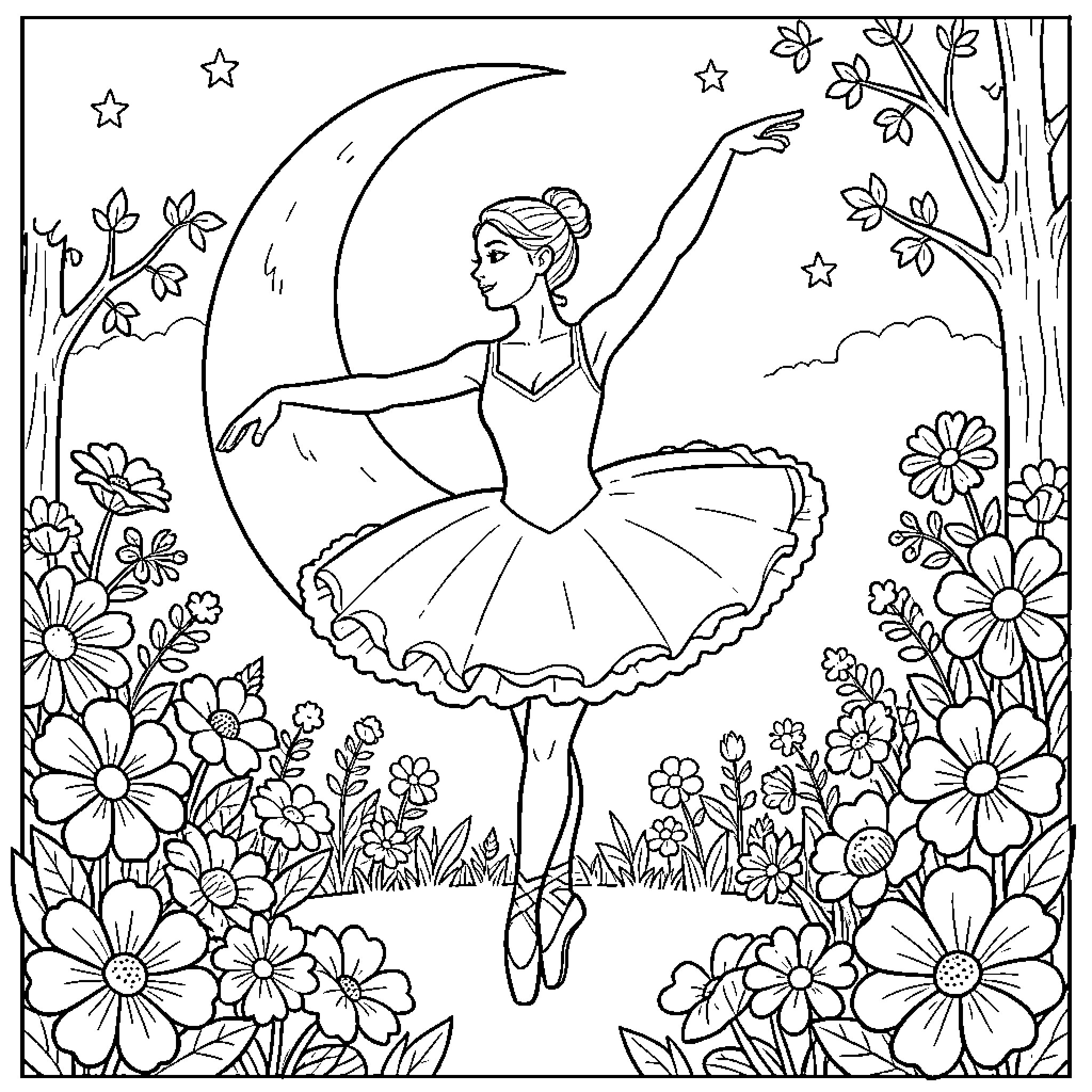 Ballerina performing graceful dance under the moonlight Coloring Page (free black-and-white line drawing printable PDF for all, from beginners to advanced learners, including children, teens, adults, and seniors)