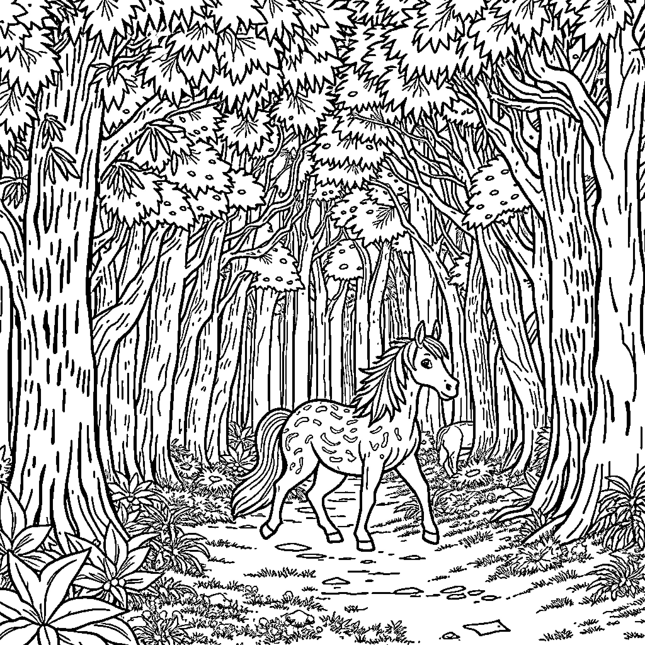 Unicorn wandering through the enchanted forest Coloring Page (free black-and-white line drawing printable PDF for all, from beginners to advanced learners, including children, teens, adults, and seniors)