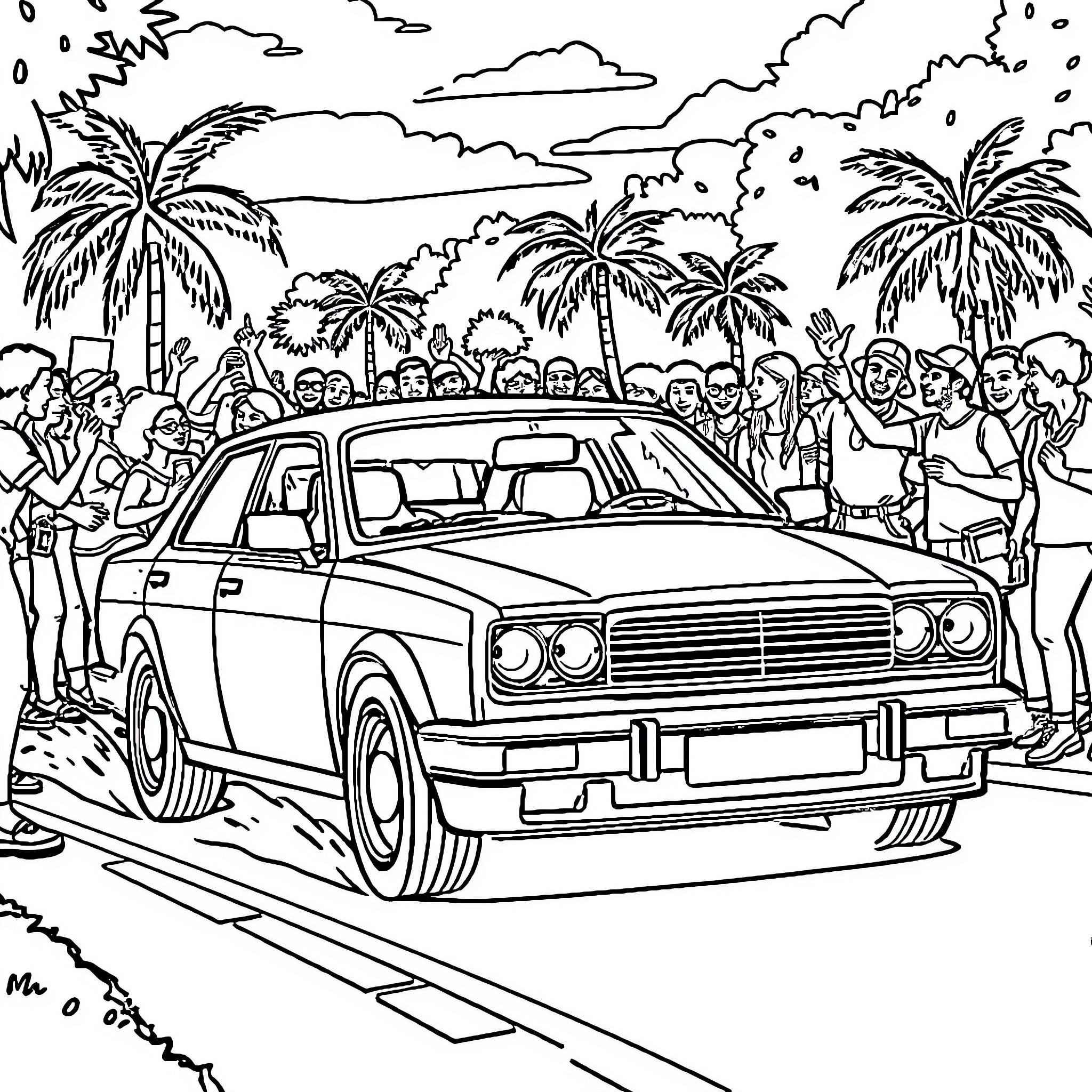 Car with crowd enjoying a lively outdoor scene Coloring Page (free black-and-white line drawing printable PDF for all, from beginners to advanced learners, including children, teens, adults, and seniors)